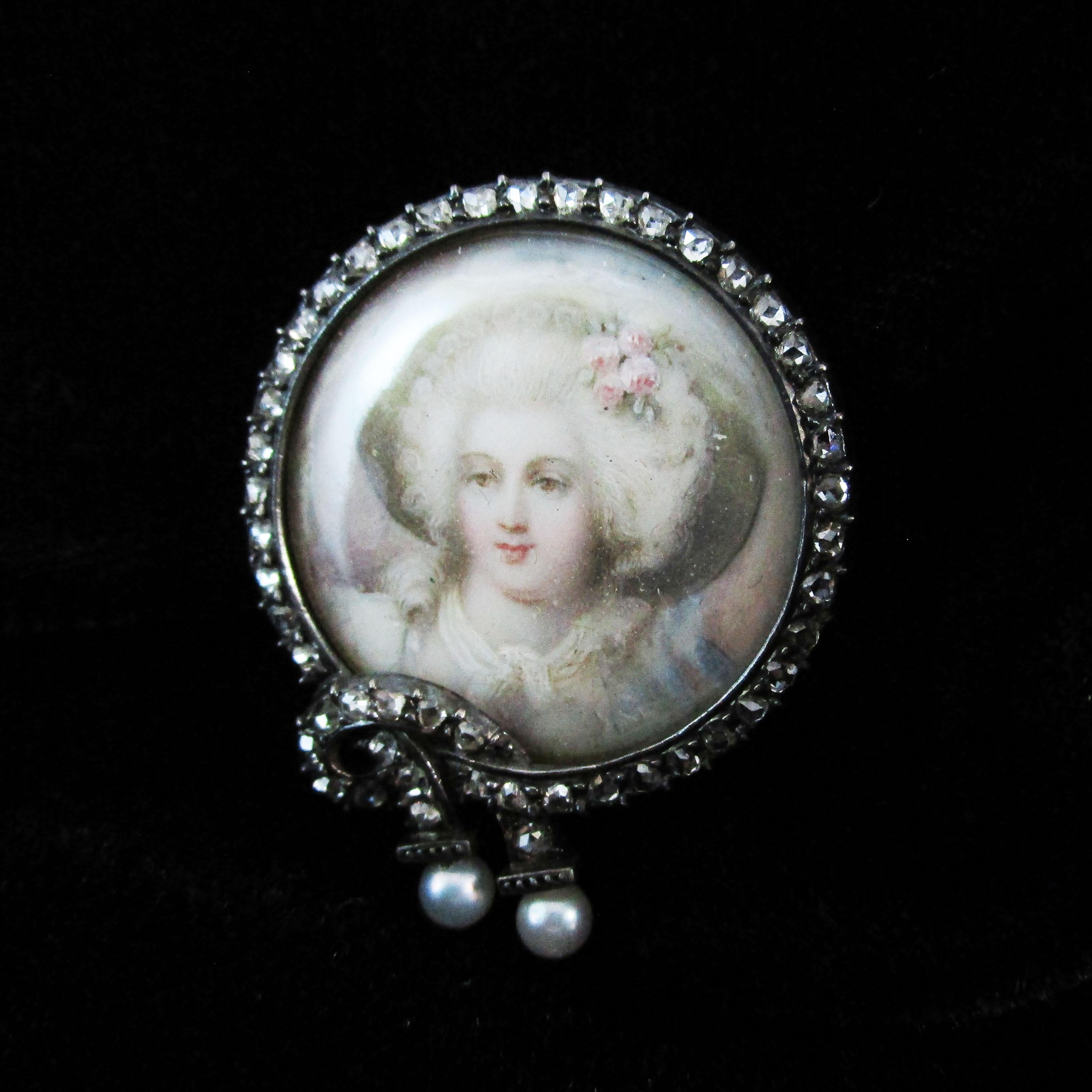 1850 Victorian Silver Over 14K Yellow Gold Diamond & Pearl Portrait Pin 6