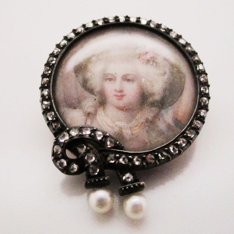 Rose Cut 1850 Victorian Silver Over 14K Yellow Gold Diamond & Pearl Portrait Pin