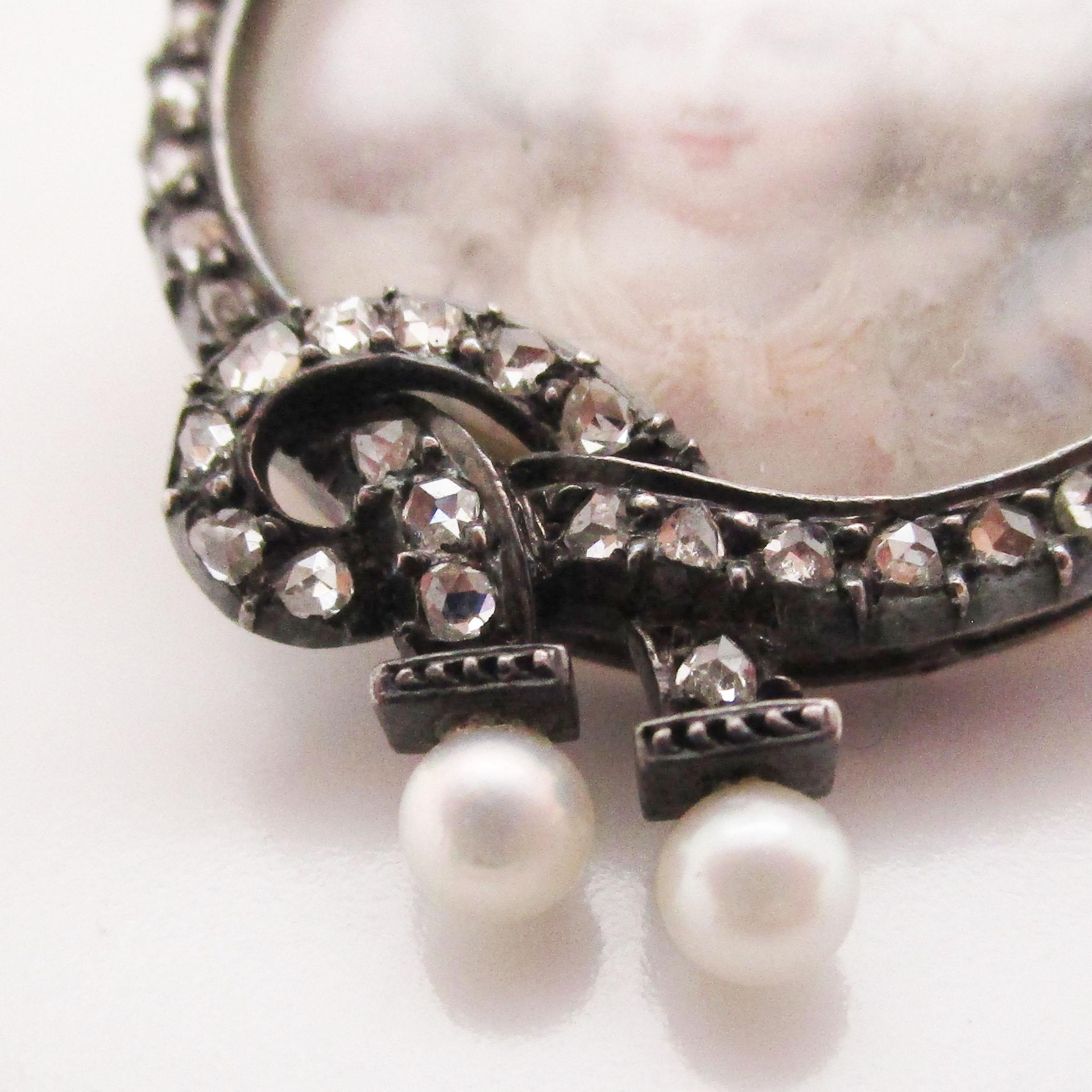 1850 Victorian Silver Over 14K Yellow Gold Diamond & Pearl Portrait Pin 2