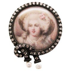 Antique 1850 Victorian Silver Over 14K Yellow Gold Diamond & Pearl Portrait Pin