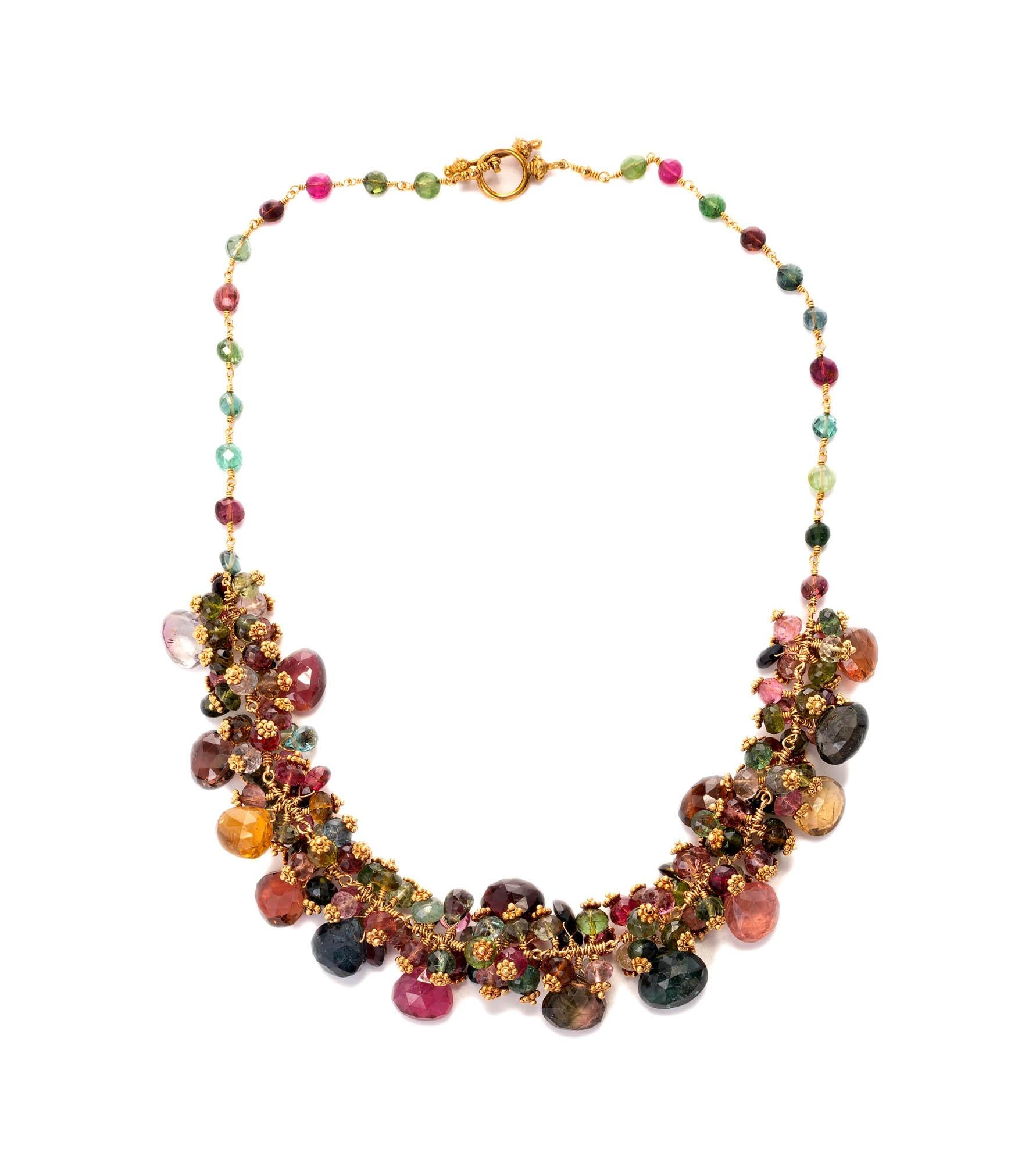 Handmade 185.00 Carat Tourmaline Gold Necklace. Multi-color Tourmaline's.  Purple, pink, green, blue/green, white and yellow.  22k yellow gold.

22 round tourmalines
15 oval tourmalines
135 round tourmalines
Tested: 22k yellow gold
Grams: