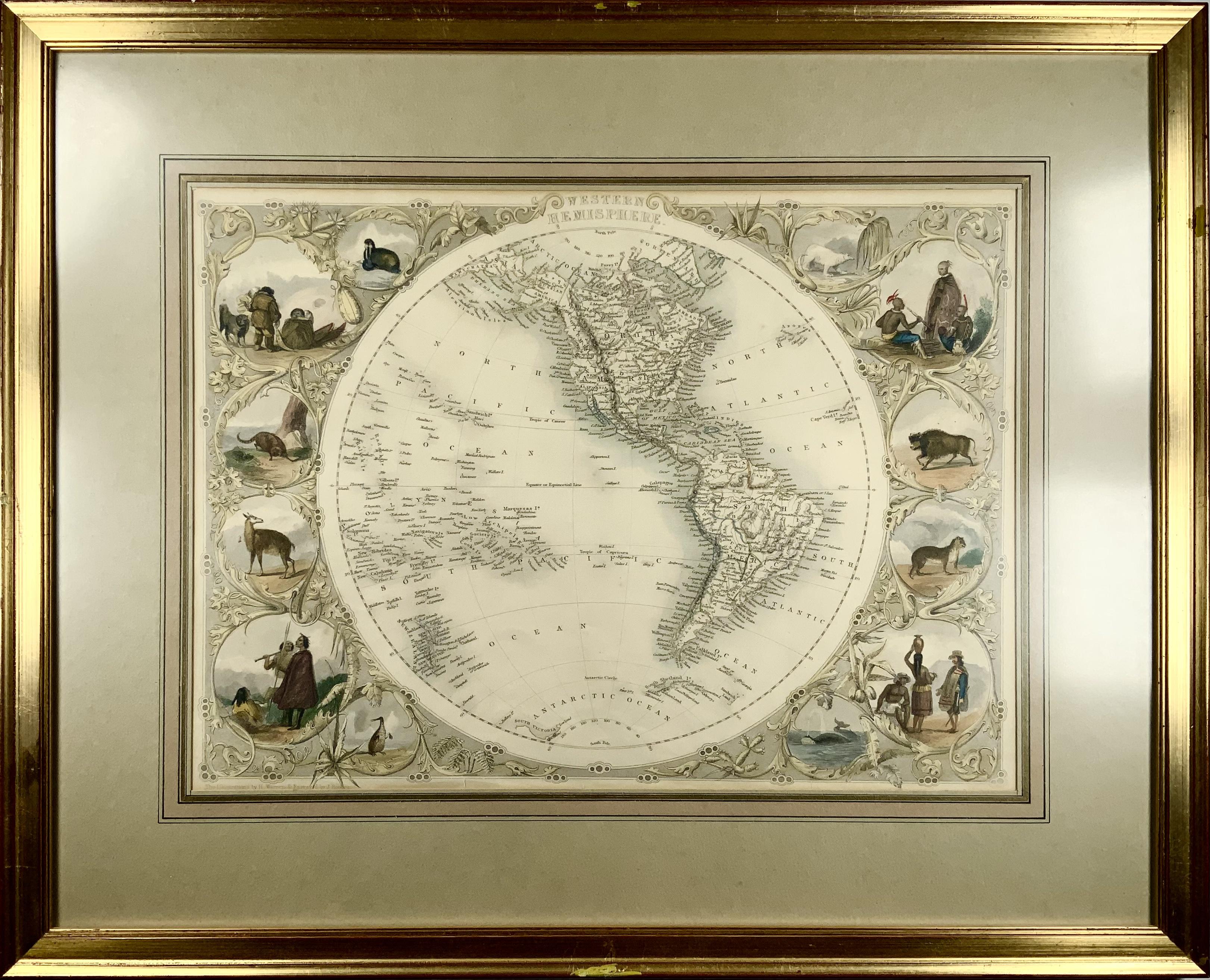 Western Hemisphere - America

Framed in relatively modern gilt frame and matting.

Tallis' decorative maps provided up-to-date geographical knowledge, but also used vignette views within the map's design to show the native people and their