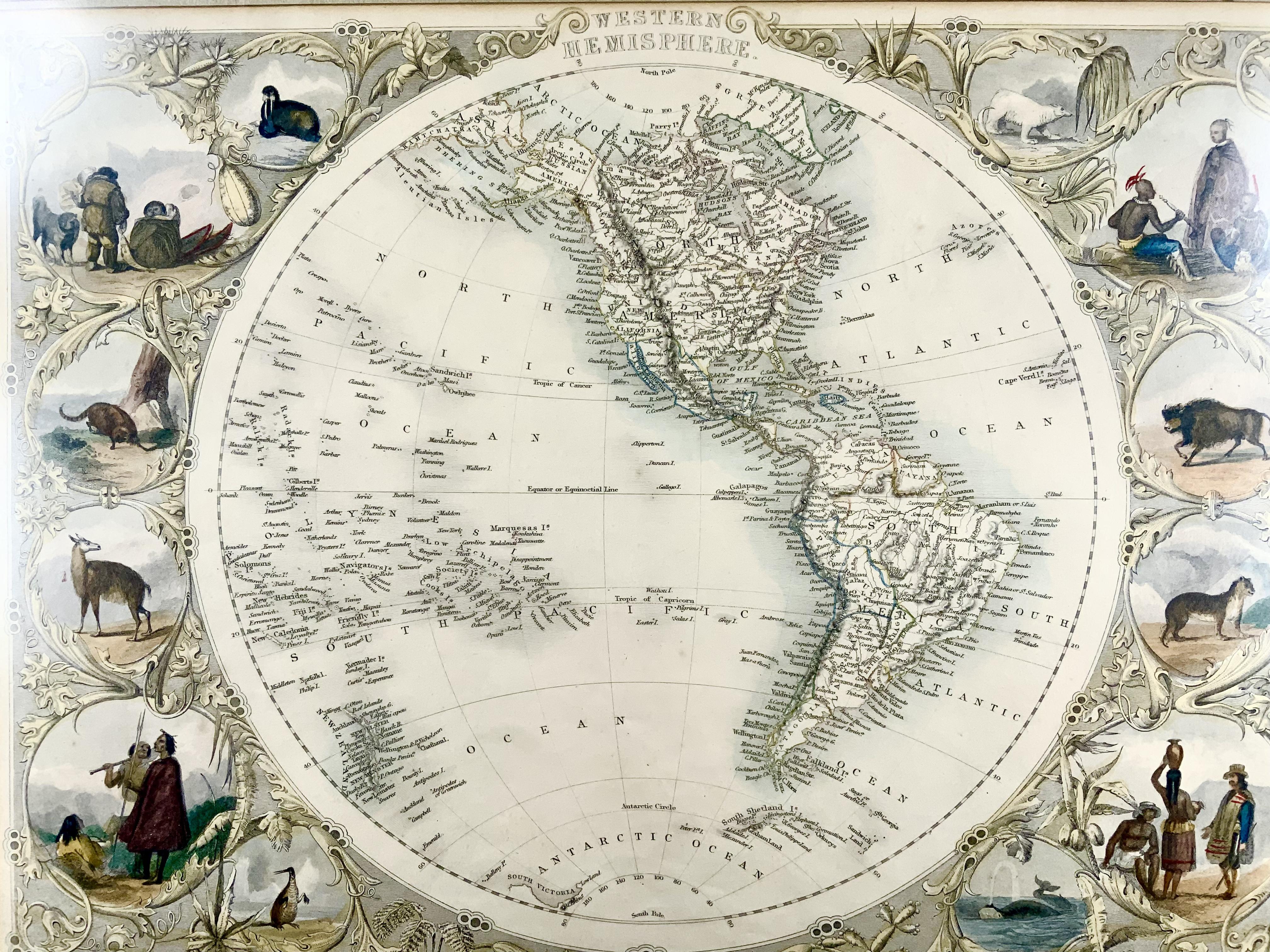 High Victorian 1850c J. & F. Tallis, Western Hemisphere Map, Fine Hand Color, Framed For Sale