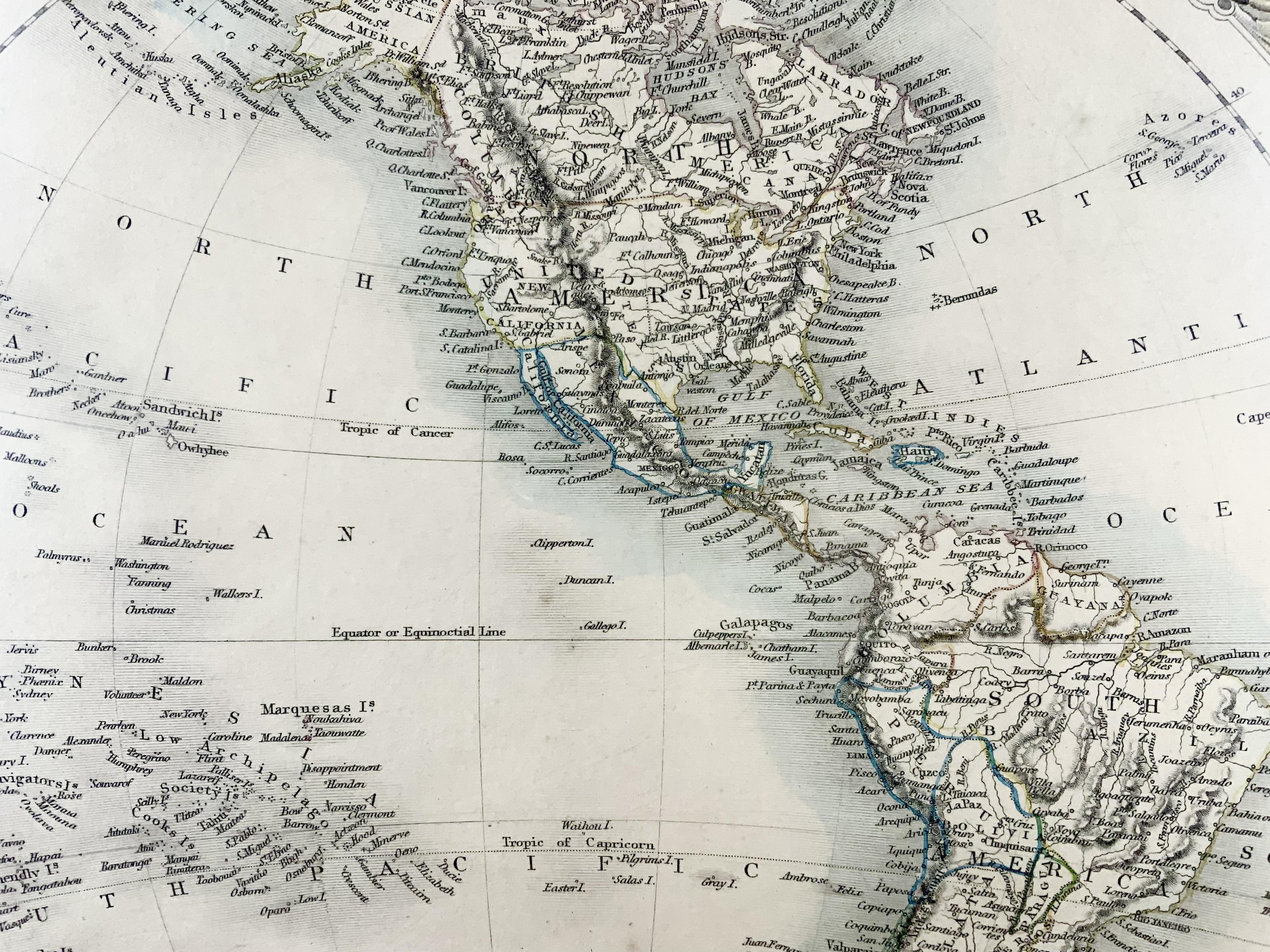 British 1850c J. & F. Tallis, Western Hemisphere Map, Fine Hand Color, Framed For Sale