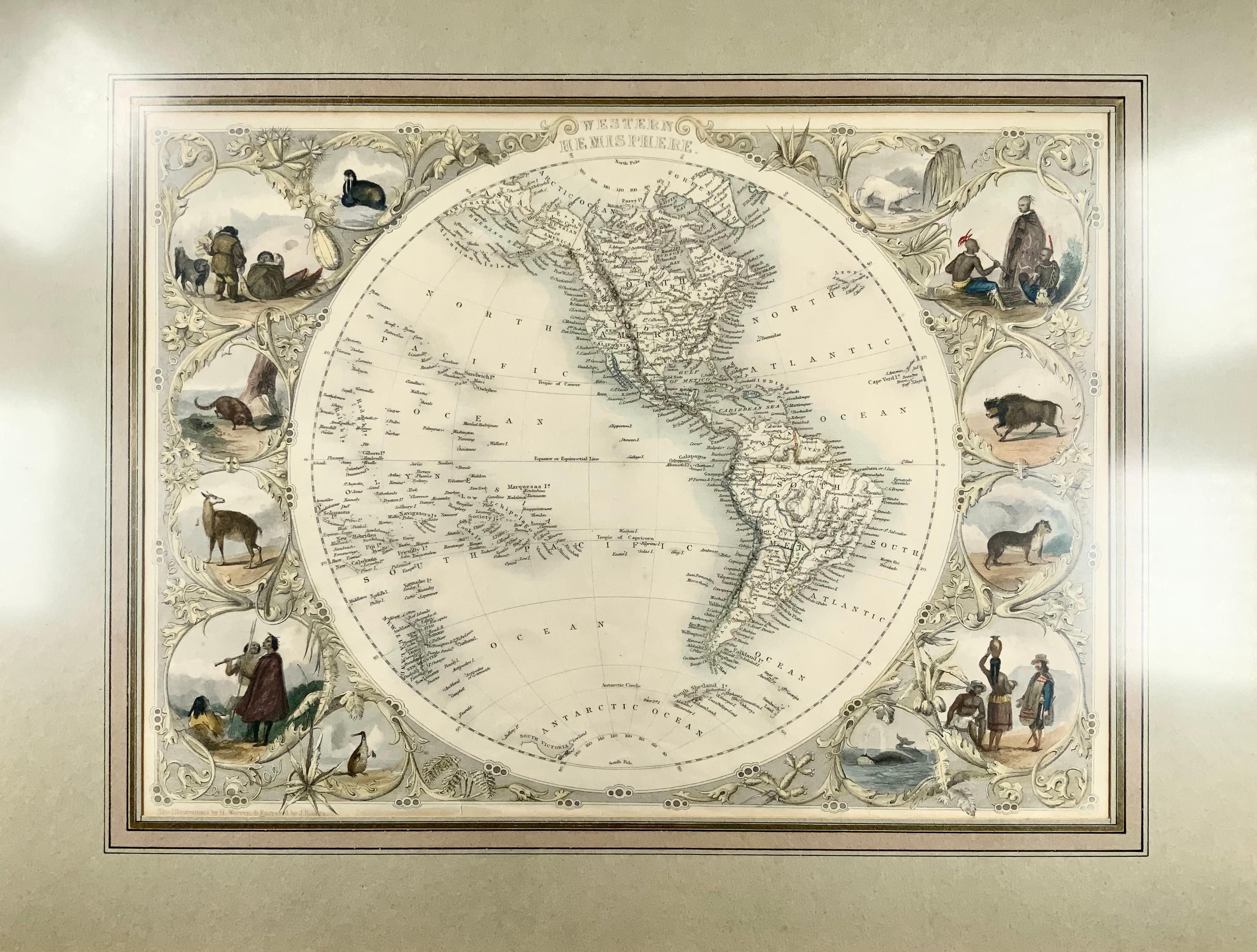 Hand-Painted 1850c J. & F. Tallis, Western Hemisphere Map, Fine Hand Color, Framed For Sale