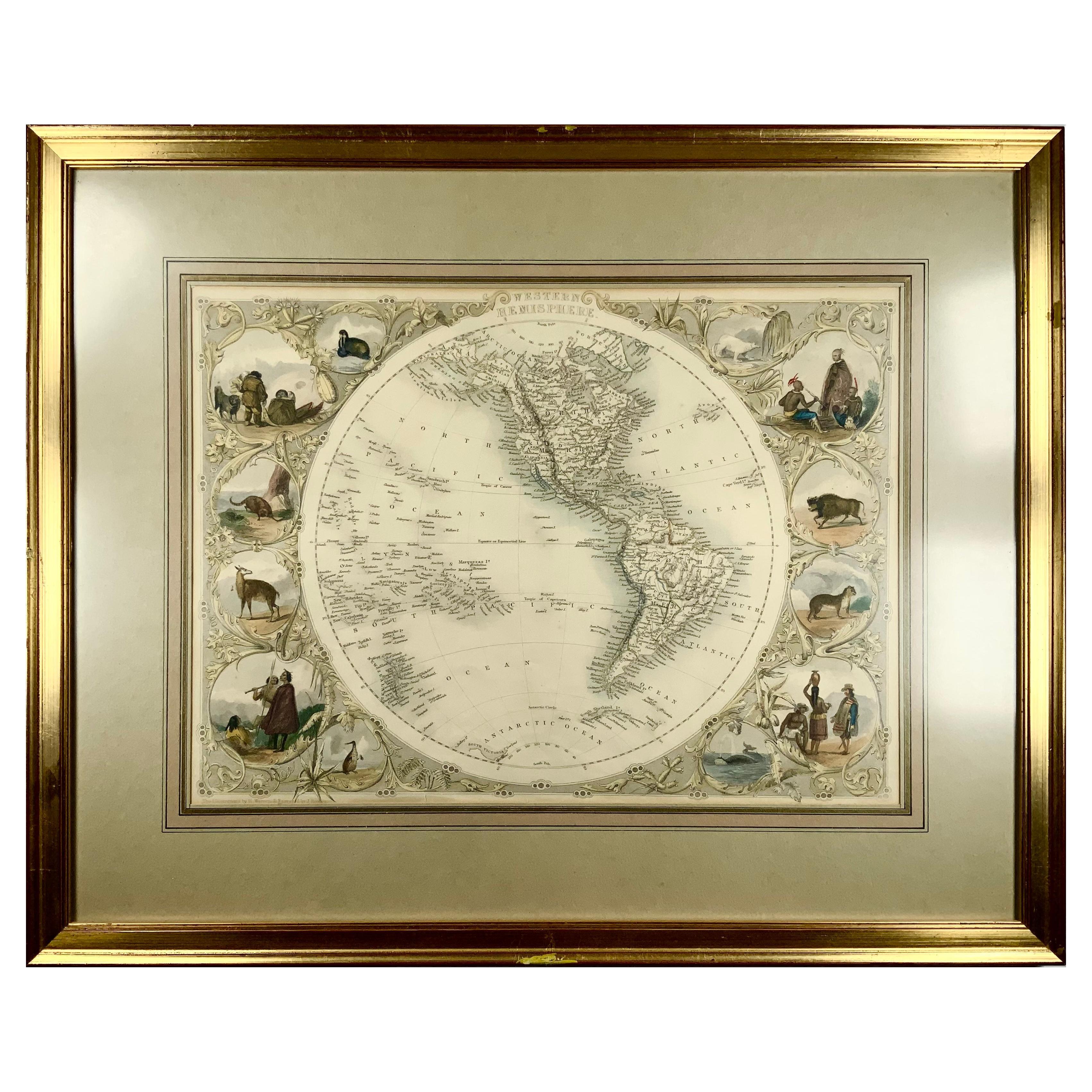 1850c J. & F. Tallis, Western Hemisphere Map, Fine Hand Color, Framed For Sale