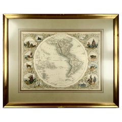 Carte de l'hémisphère occidentale J. &amp; F. Tallis datant de 1850, belle couleur faite main, encadrée