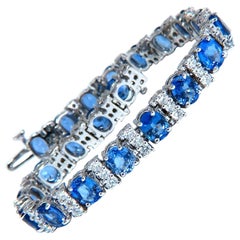 18.50 Carat Natural Blue Sapphires Diamond Tennis Bracelet 14kt Gold Alternating