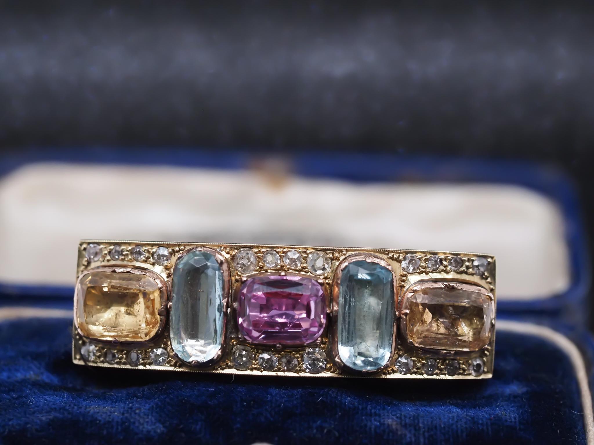 1850s 14K Yellow Gold Hair Pin and Brooch with Aquamarine Citrine and Tourmaline For Sale 7