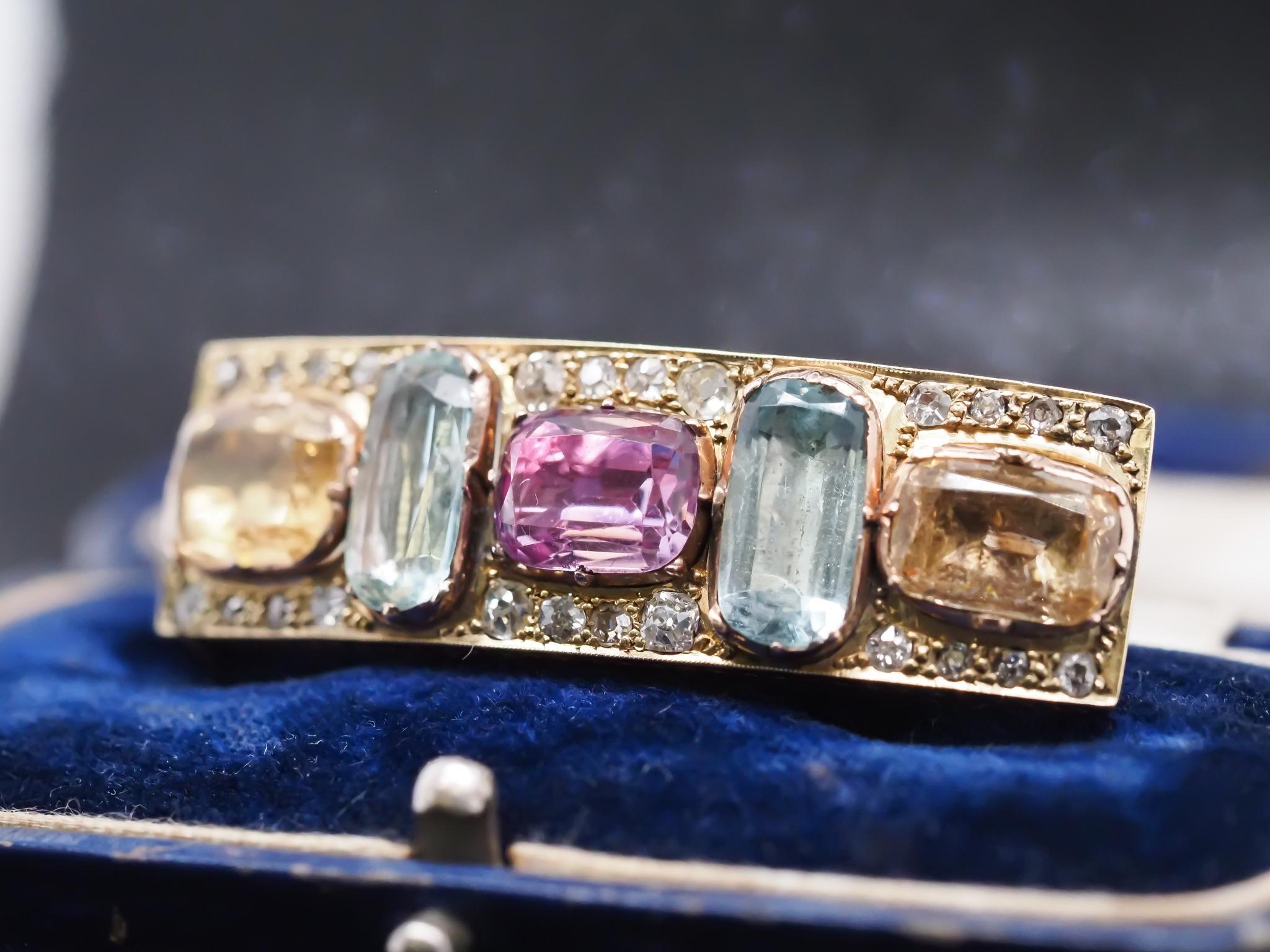 1850s 14K Yellow Gold Hair Pin and Brooch with Aquamarine Citrine and Tourmaline For Sale 8