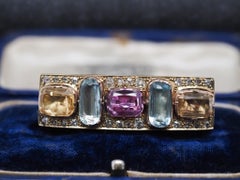 1850s 14K Yellow Gold Hair Pin and Brooch with Aquamarine Citrine and Tourmaline