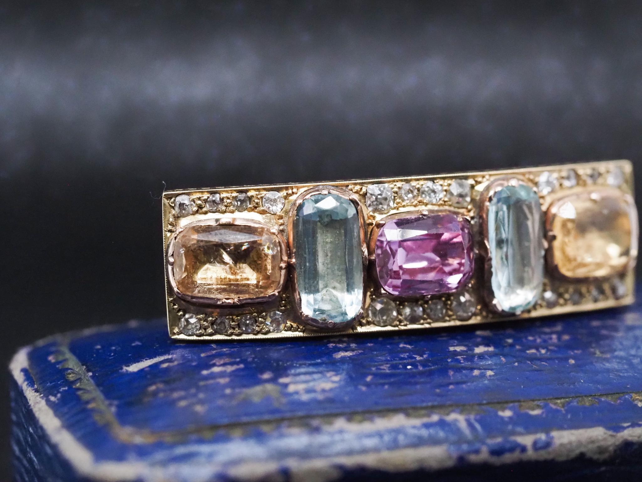 1850s 14K Yellow Gold Hair Pin and Brooch with Aquamarine Citrine and Tourmaline In Good Condition For Sale In Hicksville, NY