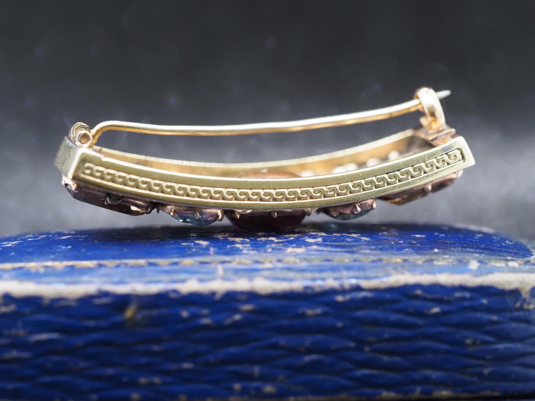 1850s 14K Yellow Gold Hair Pin and Brooch with Aquamarine Citrine and Tourmaline For Sale 2