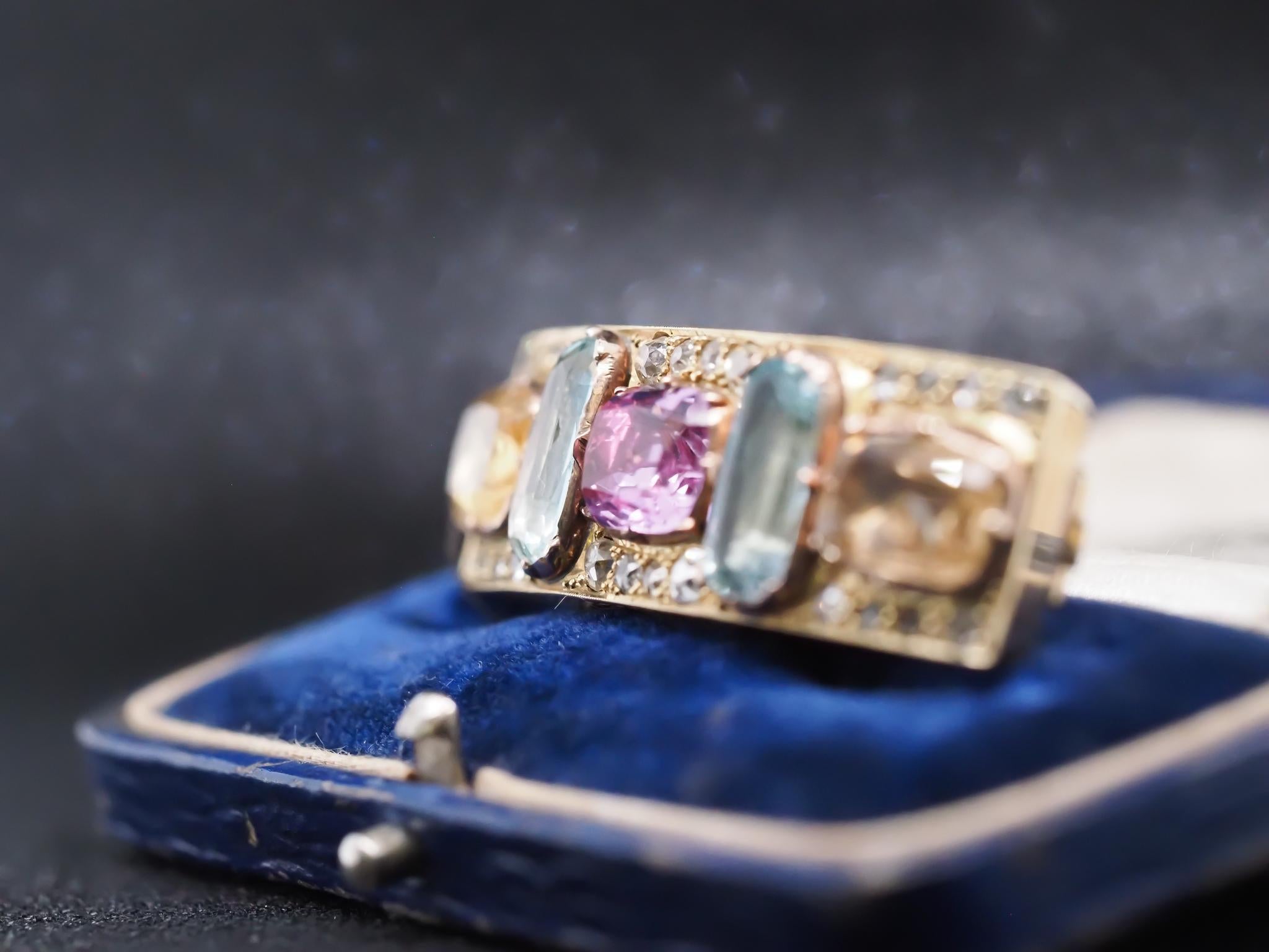 1850s 14K Yellow Gold Hair Pin and Brooch with Aquamarine Citrine and Tourmaline For Sale 5