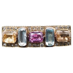 1850s 14K Yellow Gold Hair Pin and Brooch with Aquamarine Citrine and Tourmaline