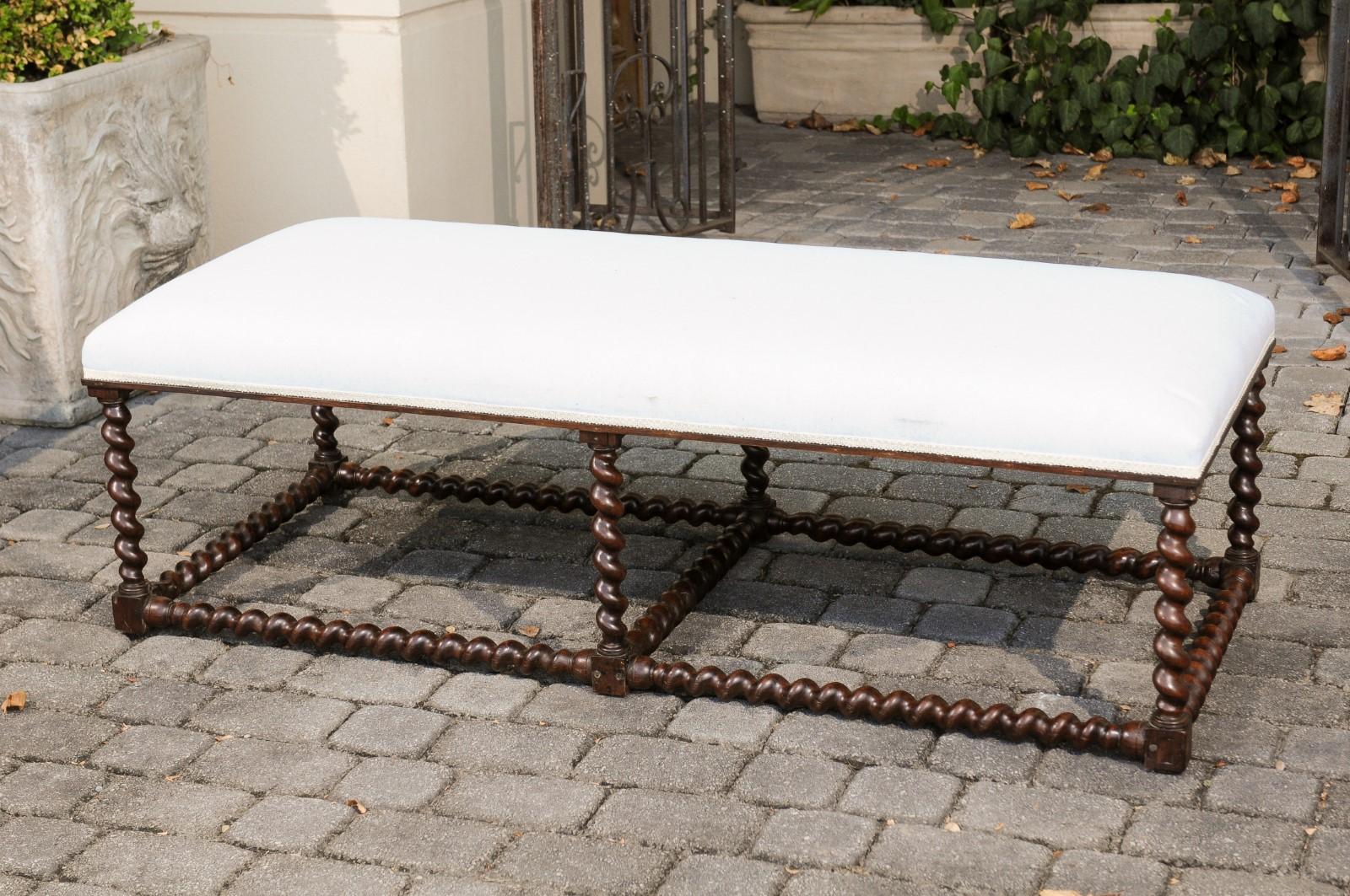 1850s Anglo Indian Oak Bench with Barley Twist Base and New Upholstery 4