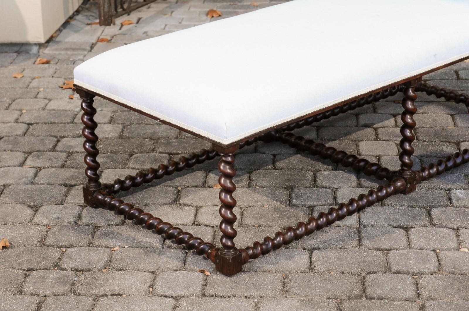 1850s Anglo Indian Oak Bench with Barley Twist Base and New Upholstery 5
