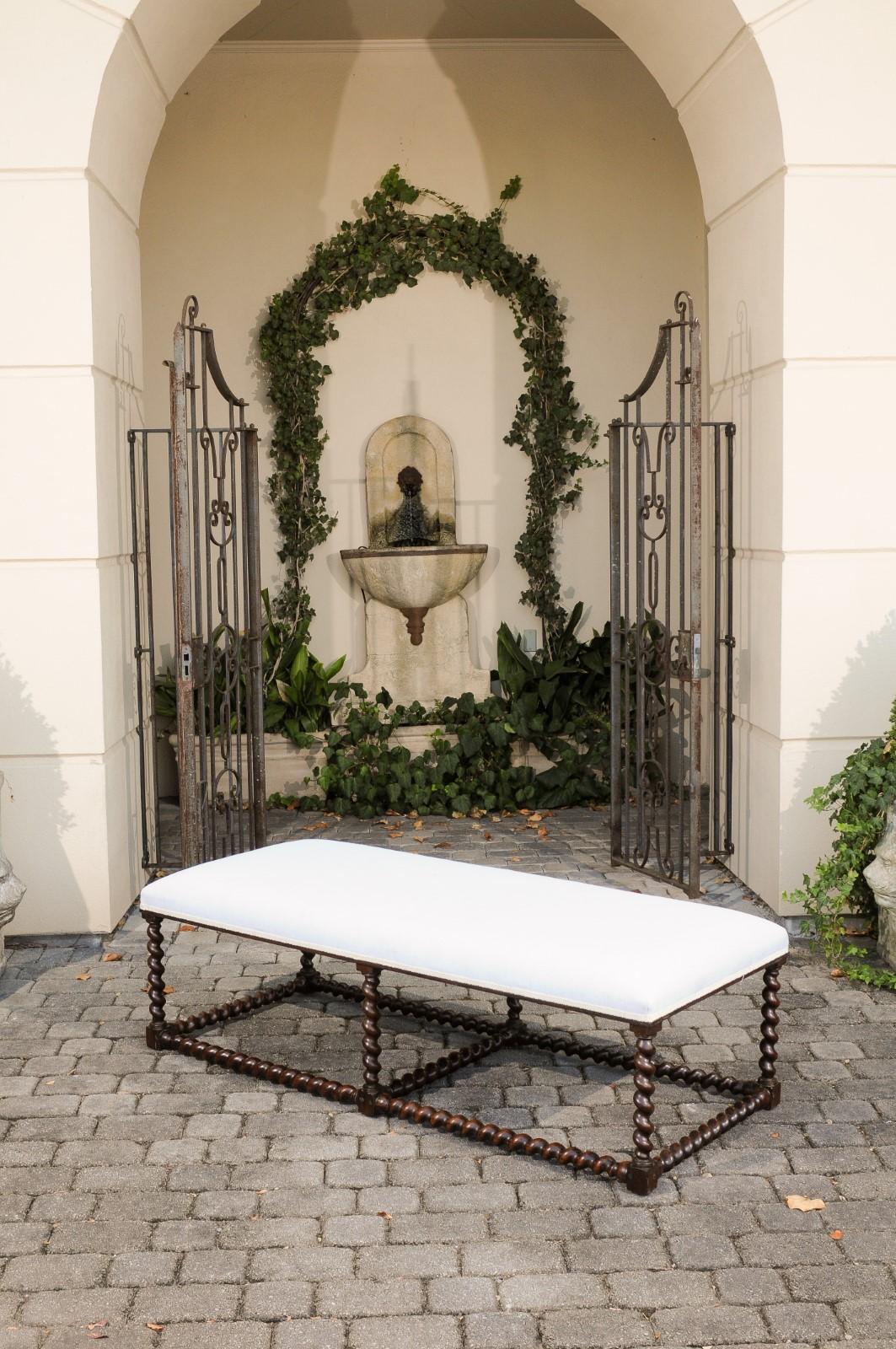 Anglo-Indian 1850s Anglo Indian Oak Bench with Barley Twist Base and New Upholstery