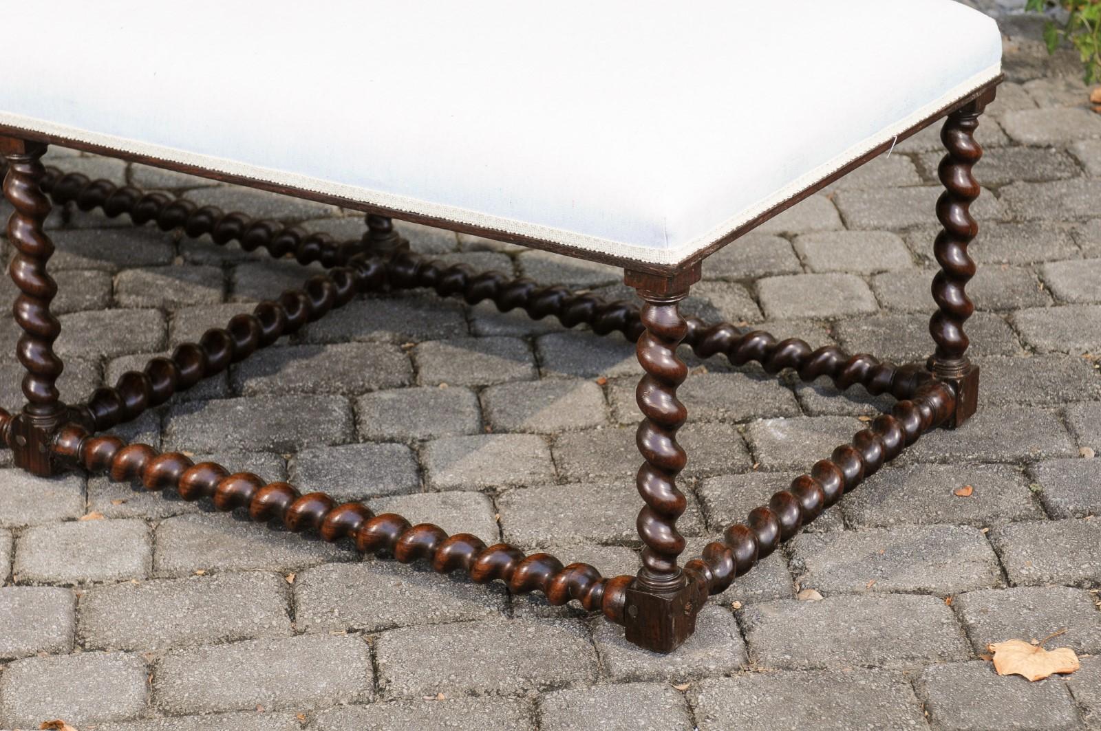 Turned 1850s Anglo Indian Oak Bench with Barley Twist Base and New Upholstery