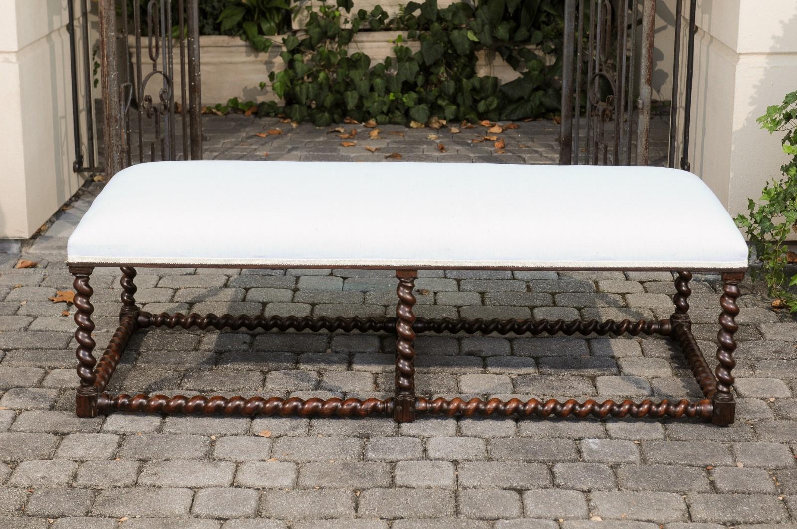 1850s Anglo Indian Oak Bench with Barley Twist Base and New Upholstery In Good Condition In Atlanta, GA