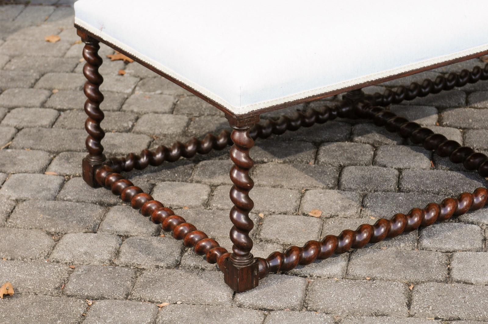 1850s Anglo Indian Oak Bench with Barley Twist Base and New Upholstery 1