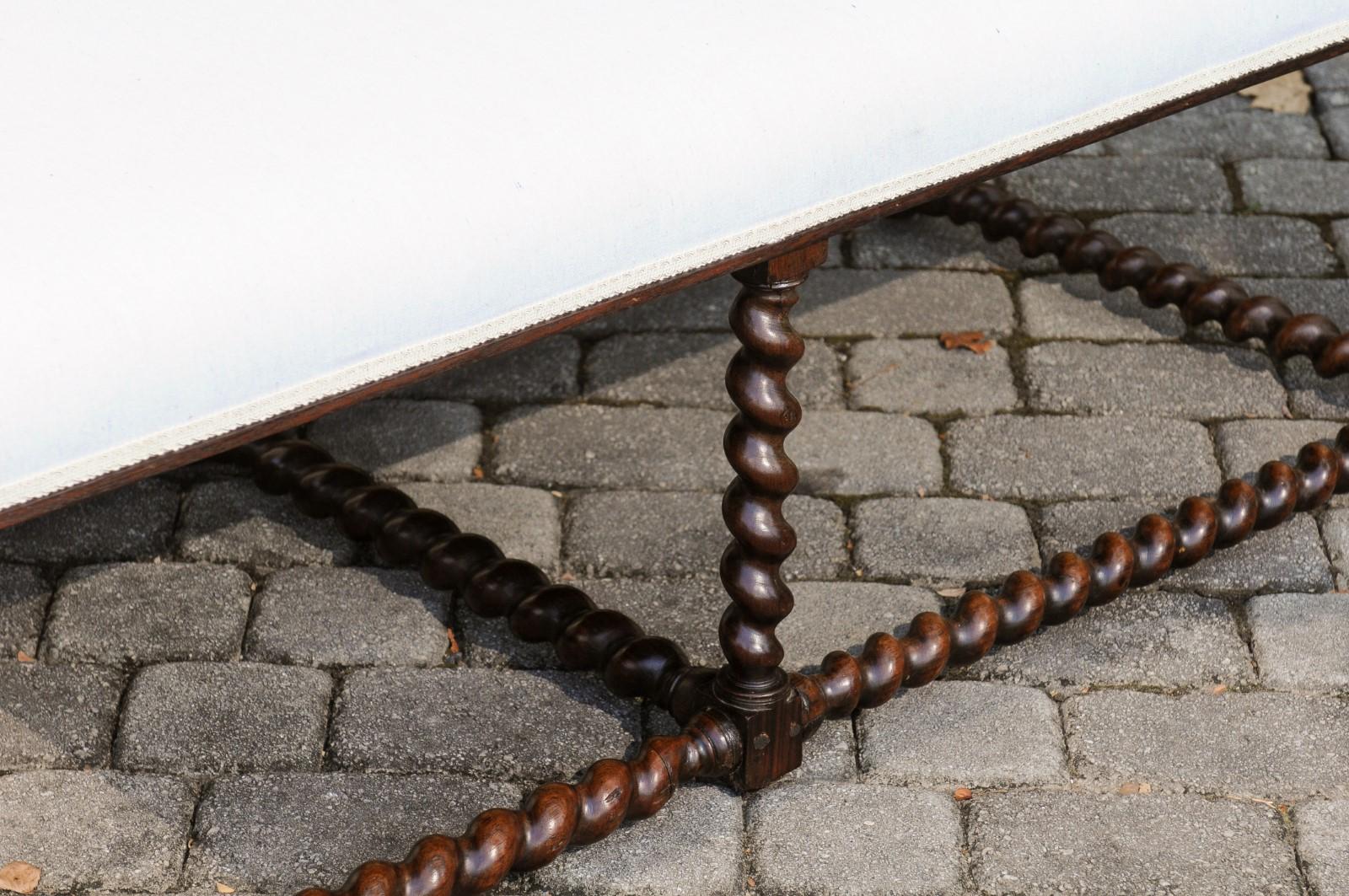 1850s Anglo Indian Oak Bench with Barley Twist Base and New Upholstery 2