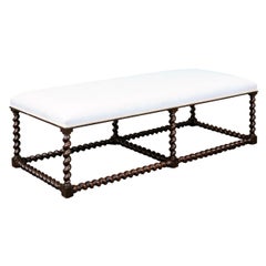 banc en chêne anglo-indien des années 1850 avec base en torsion d'orge et nouvelle tapisserie