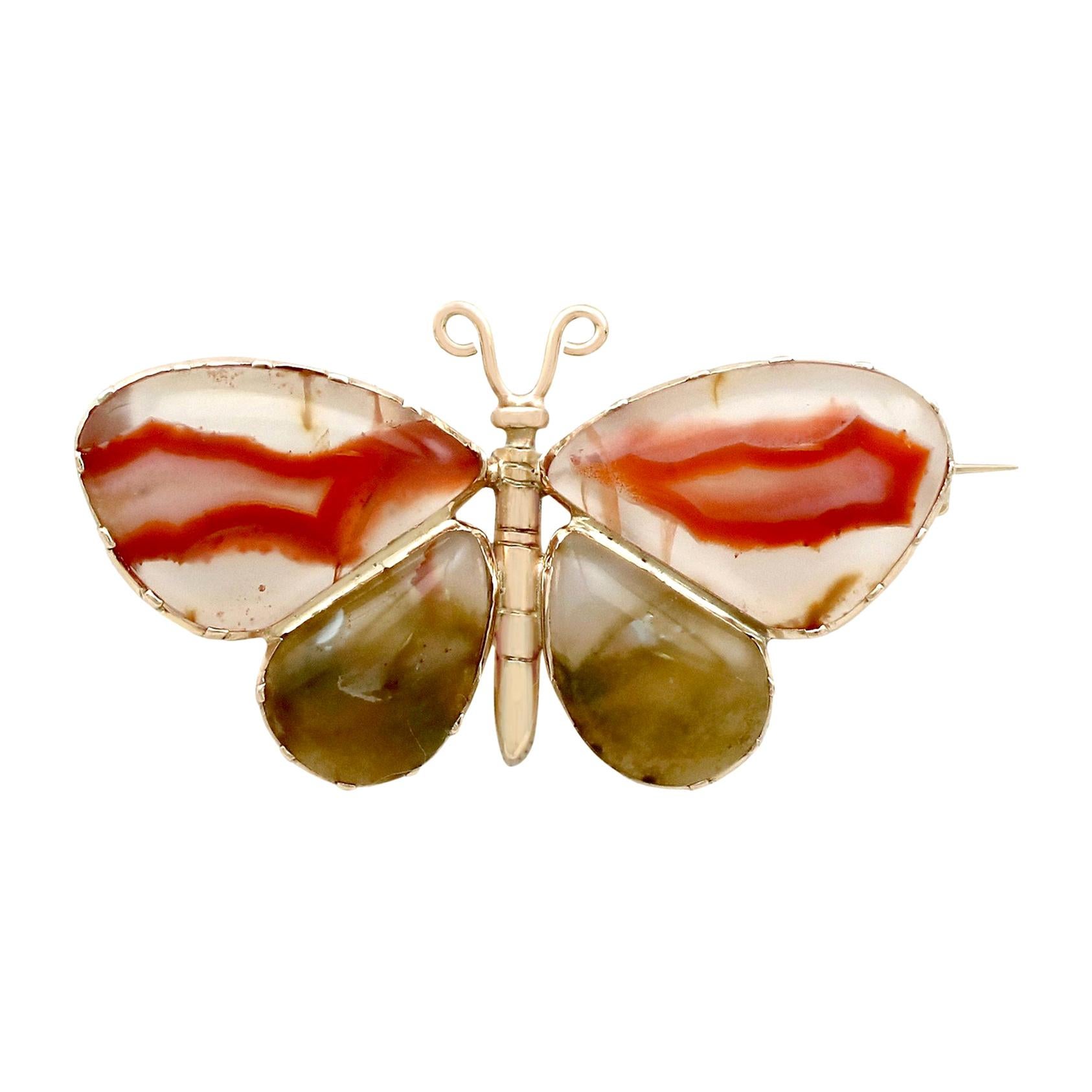 1850s Antique Agate and Yellow Gold Butterfly Brooch