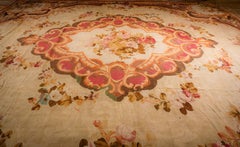 1850s Antique Beige Floral Medallion French Neoclassical European Aubusson rug