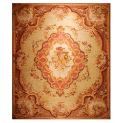 1850s Antique Beige Floral Medallion French Neoclassical European Aubusson rug