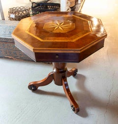 1850s Antique English Octagonal Table with Star Marquetry and Side Drawers