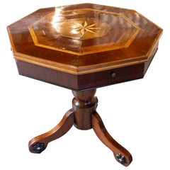 1850s Antique English Octagonal Table with Star Marquetry and Side Drawers