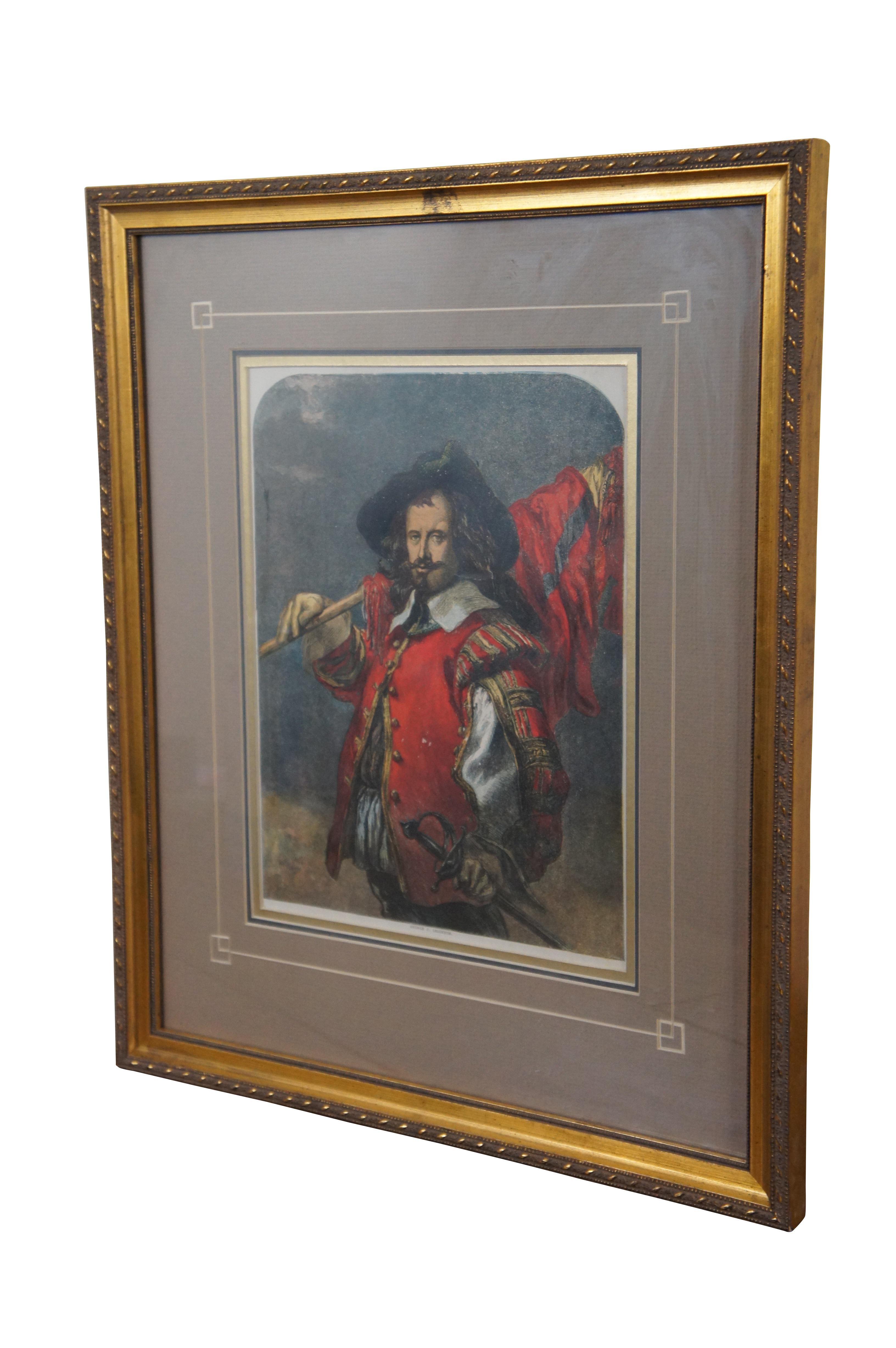 Framed mid 19th century hand colored engraving depicting a Cavalier / Musketeer holding s staff with flag.  Titled 