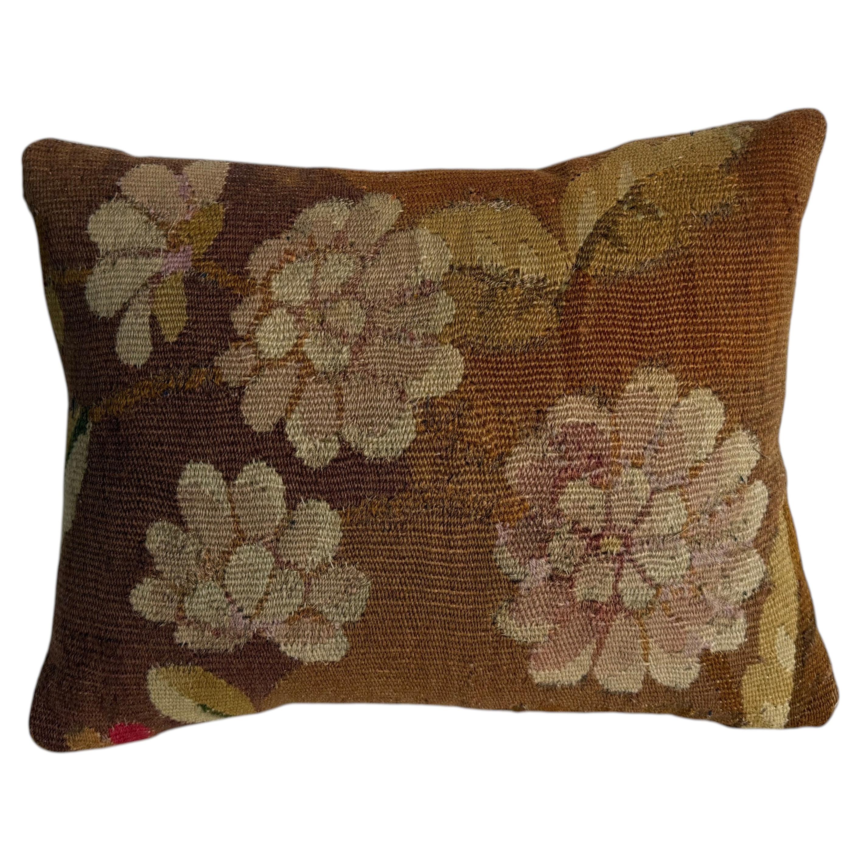 1850s Antique French Aubusson Handwoven Wool Floral Tapestry Pillow