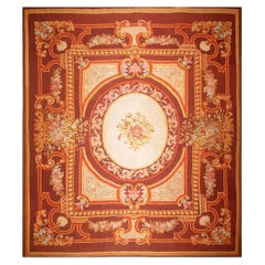 1850s Antique Ivory Neoclassical Floral Aubusson Flatwoven Wool Square Tapestry