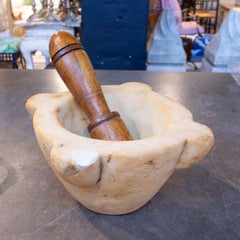 1850s Antique Marble Mortar with Turned Wooden Pestle