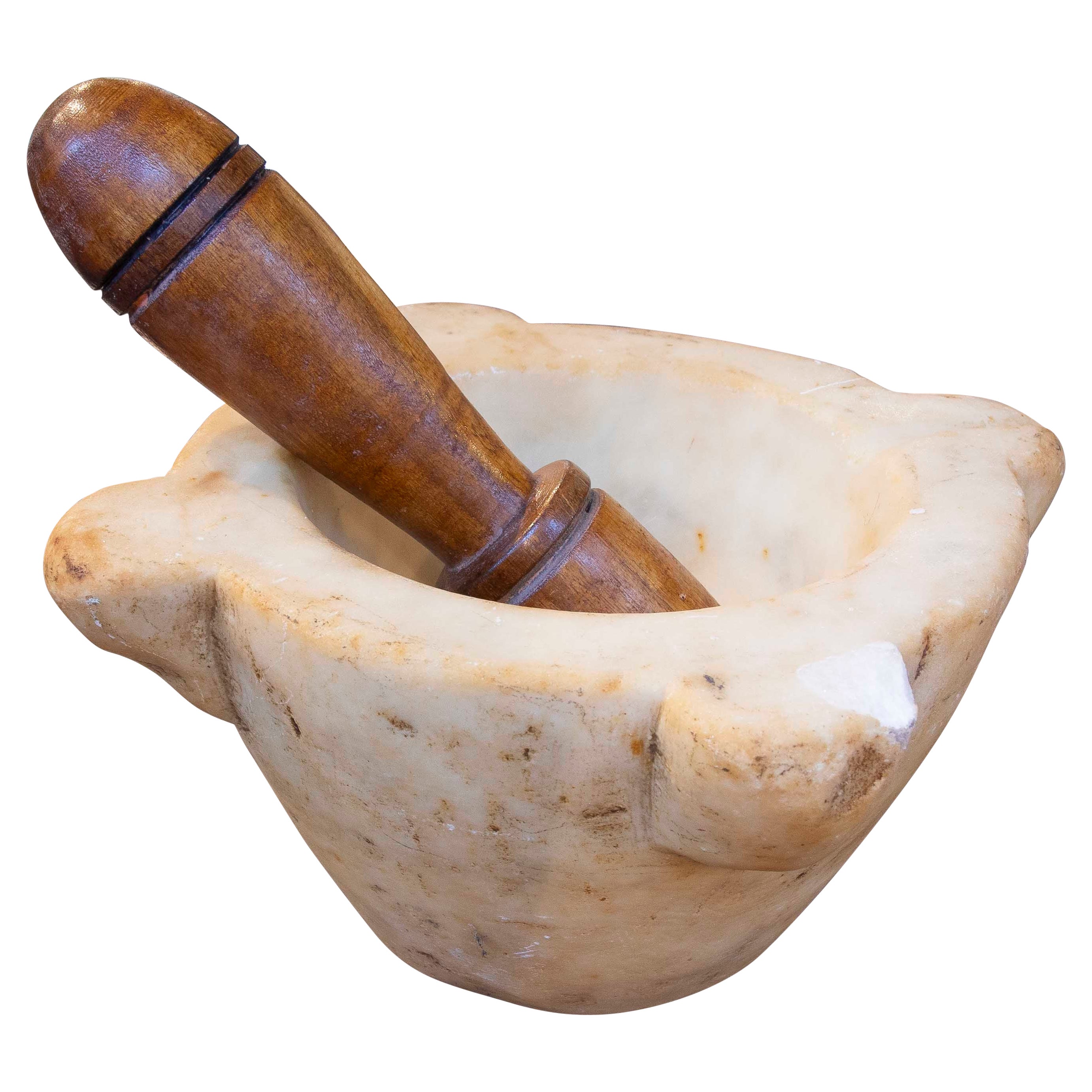 1850s Antique Marble Mortar with Turned Wooden Pestle