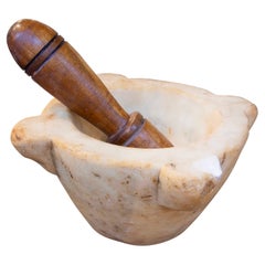 1850s Antique Marble Mortar with Turned Wooden Pestle