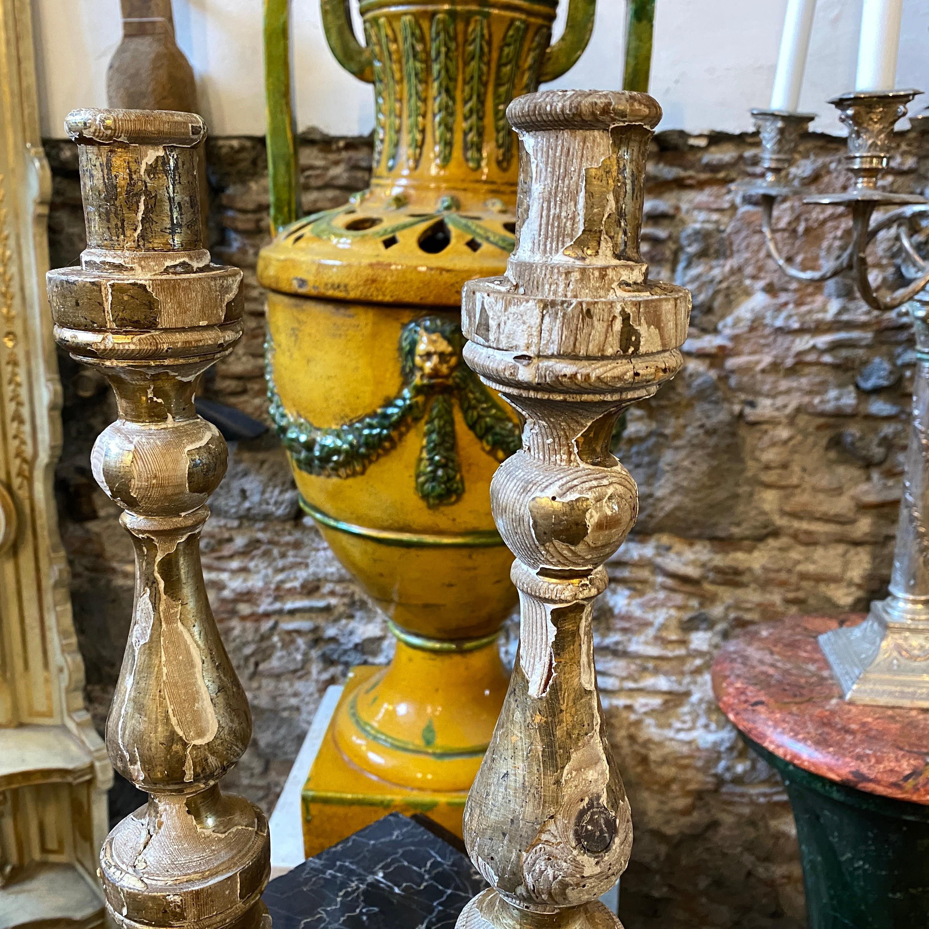 Two original hand-carved Sicilian wood candlesticks made in the mid-19th century, original conditions and patina give them a superb antique look.
