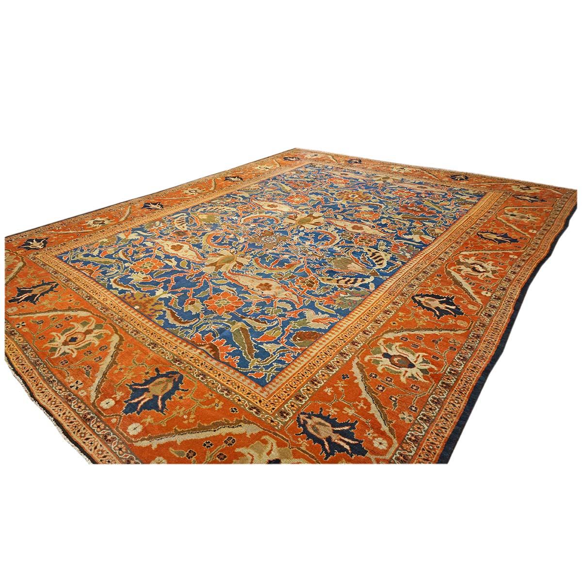 Hand-Woven 1850s Antique Persian Ziegler Sultanabad 12x15 Orange, Blue, & Ivory Area Rug For Sale