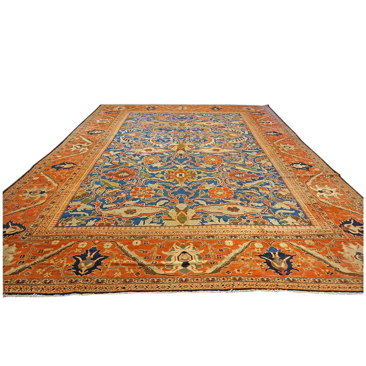1850s Antique Persian Ziegler Sultanabad 12x15 Orange, Blue, & Ivory Area Rug In Good Condition For Sale In Houston, TX