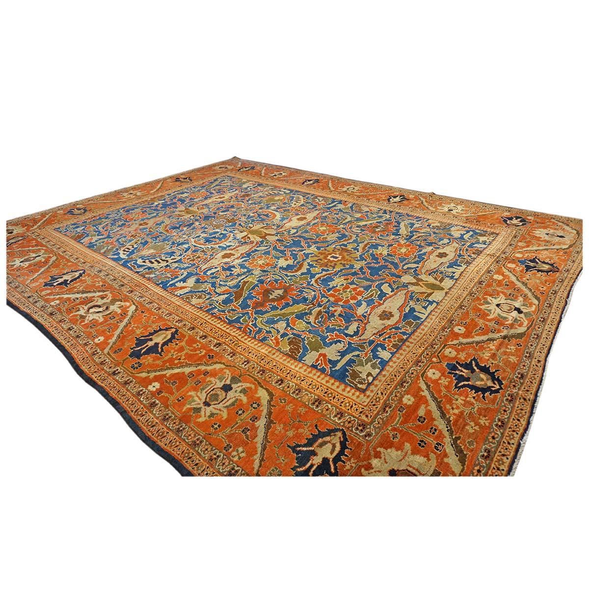 Mid-19th Century 1850s Antique Persian Ziegler Sultanabad 12x15 Orange, Blue, & Ivory Area Rug For Sale