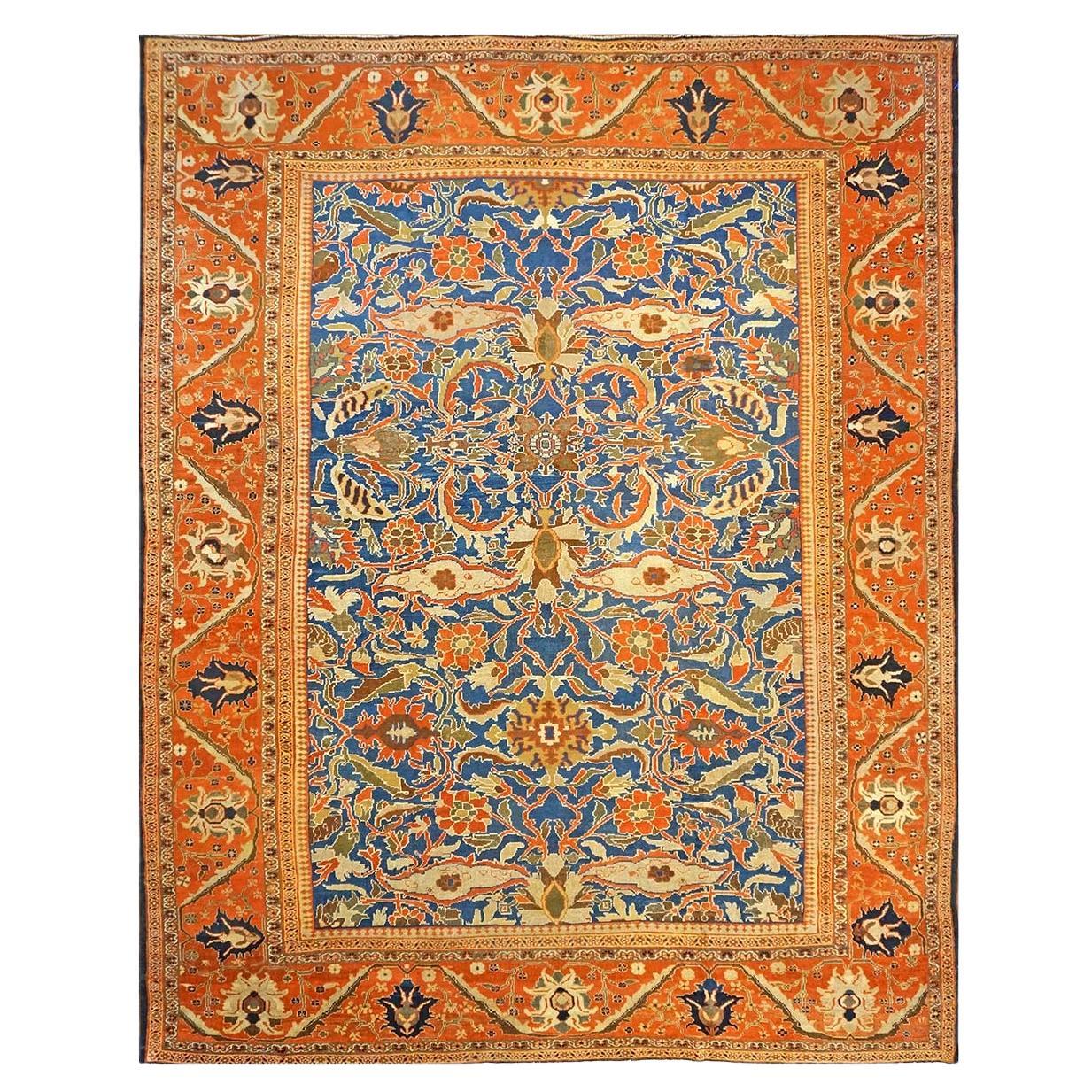 1850s Antique Persian Ziegler Sultanabad 12x15 Orange, Blue, & Ivory Area Rug For Sale