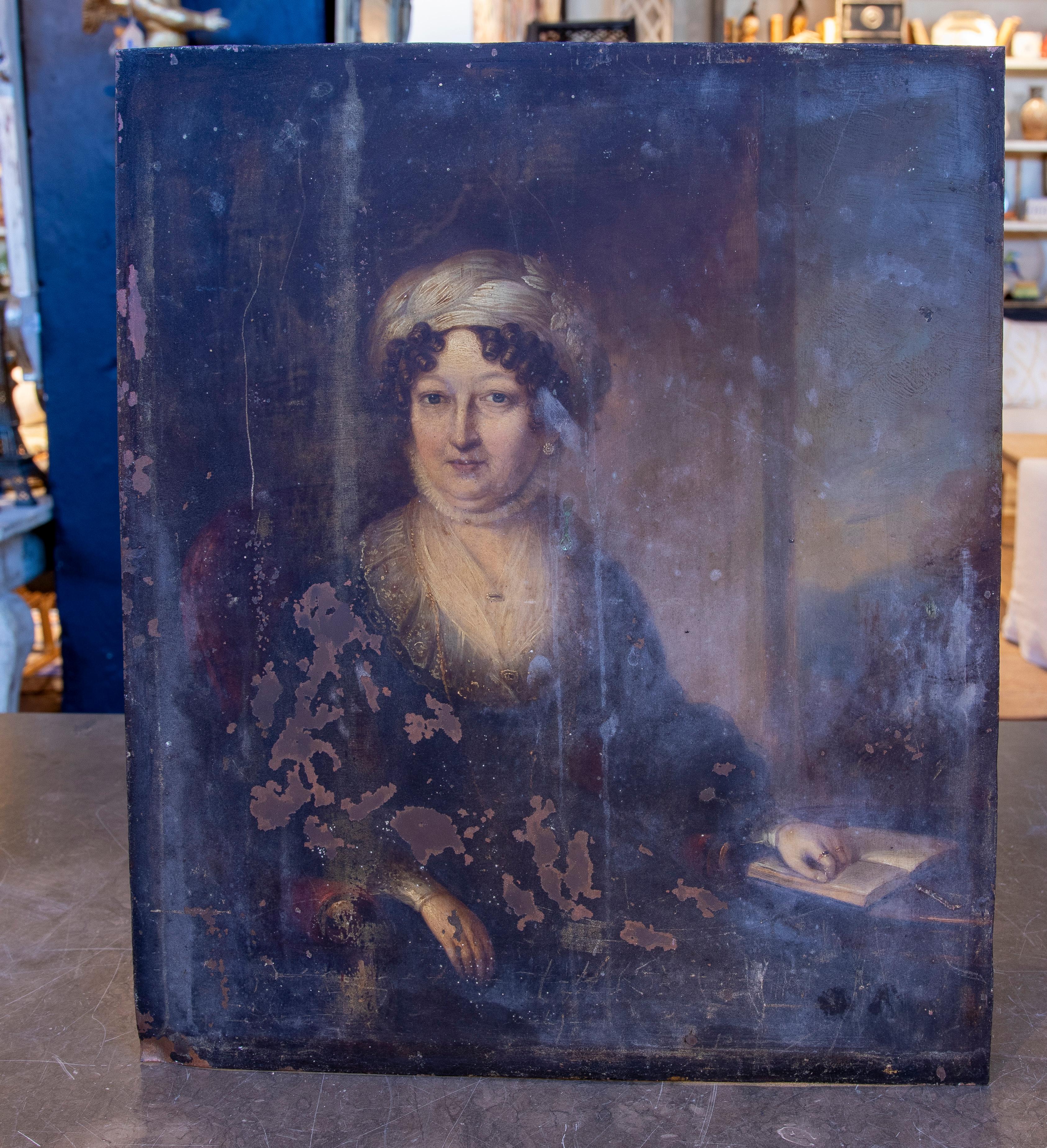 Oil painting on copper plate depicting a distinguished period lady, captured in great detail in her attire and serene expression. The subtle background and the position of her hands suggest an intellectual atmosphere, with an open book as a symbol
