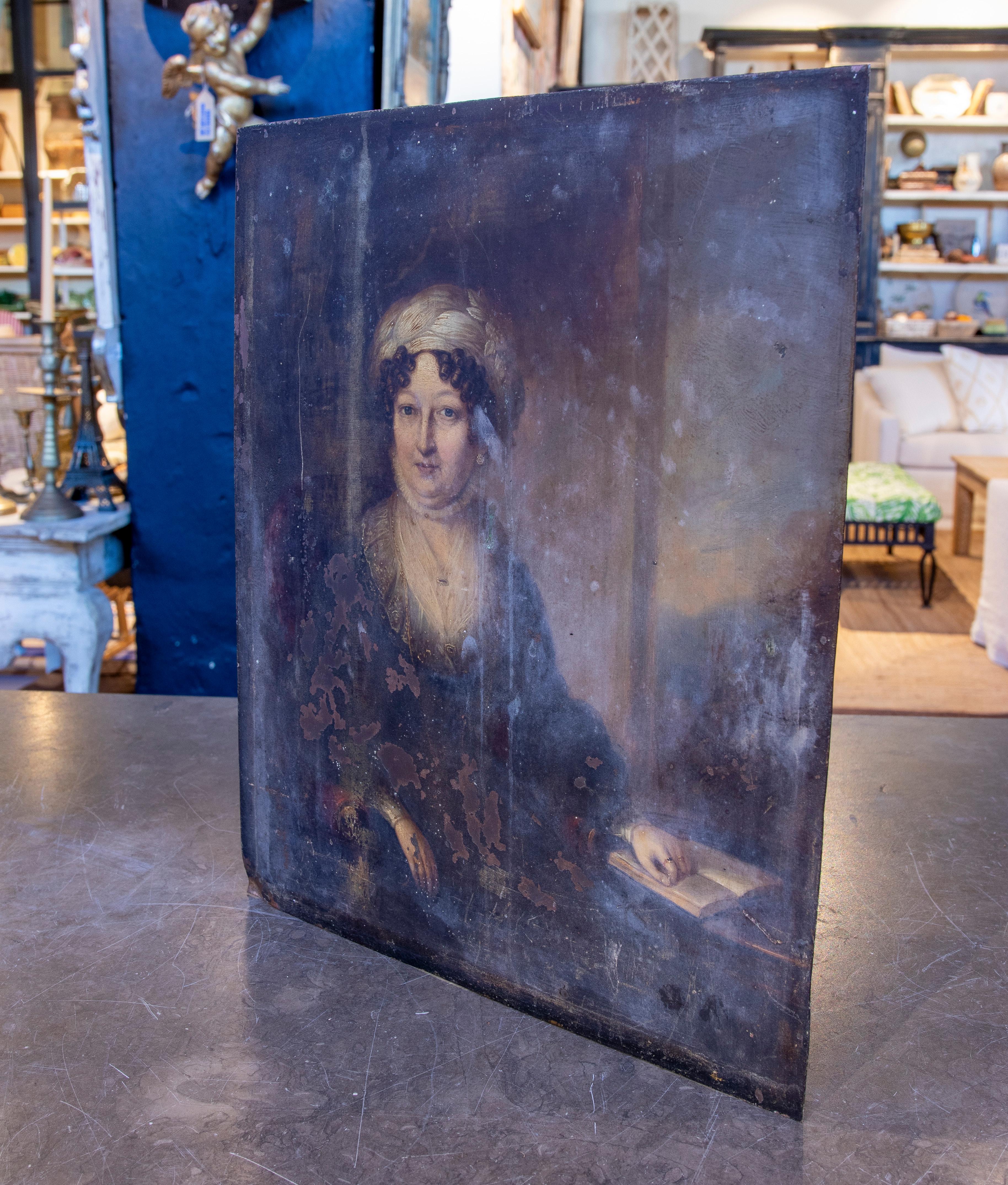 Hand-Painted 1850s Antique Portrait of a Woman on a Copper Plate For Sale