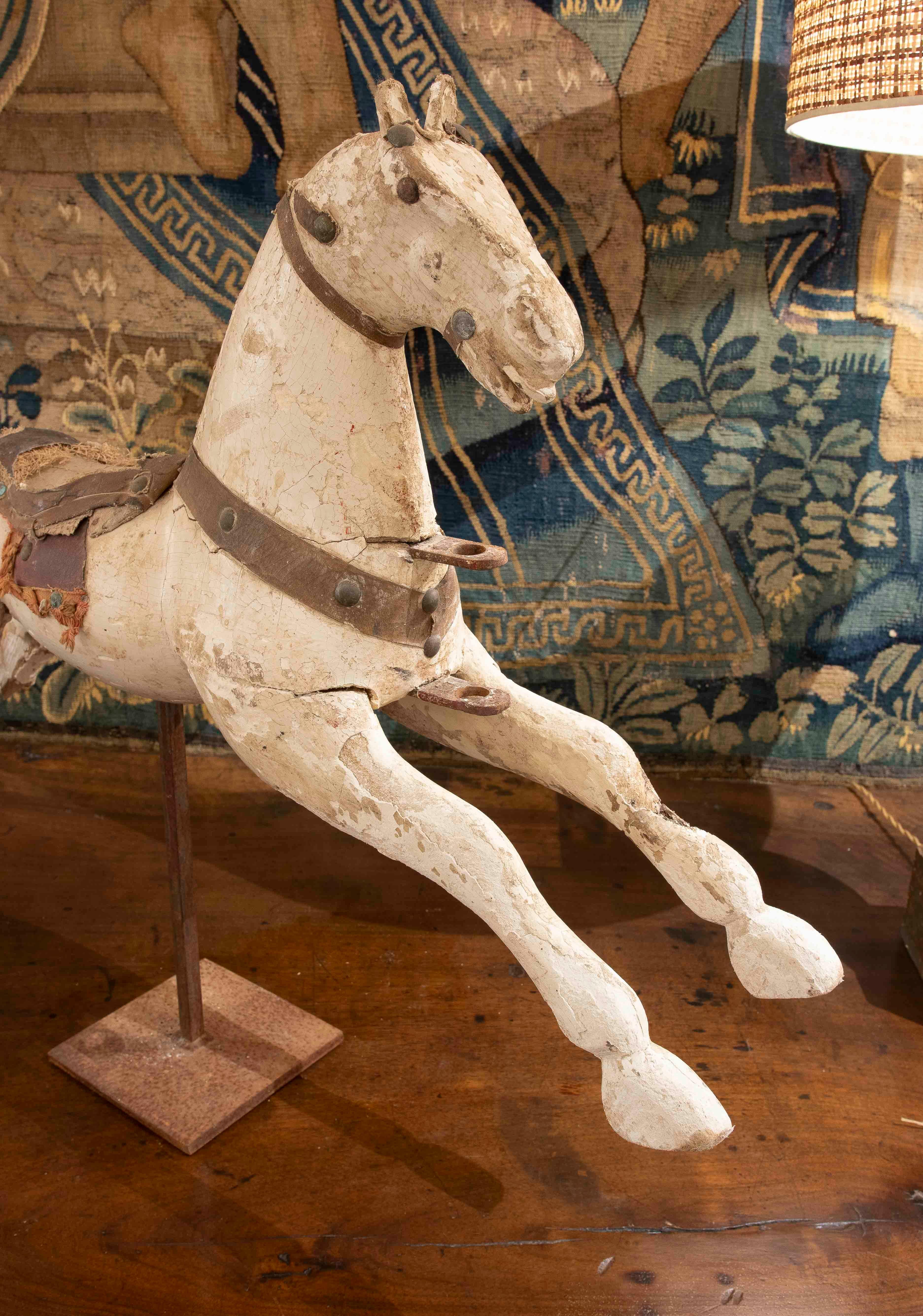 Hand-Carved 1850s Antique Wooden Rocking Horse for Children with Original Patina For Sale
