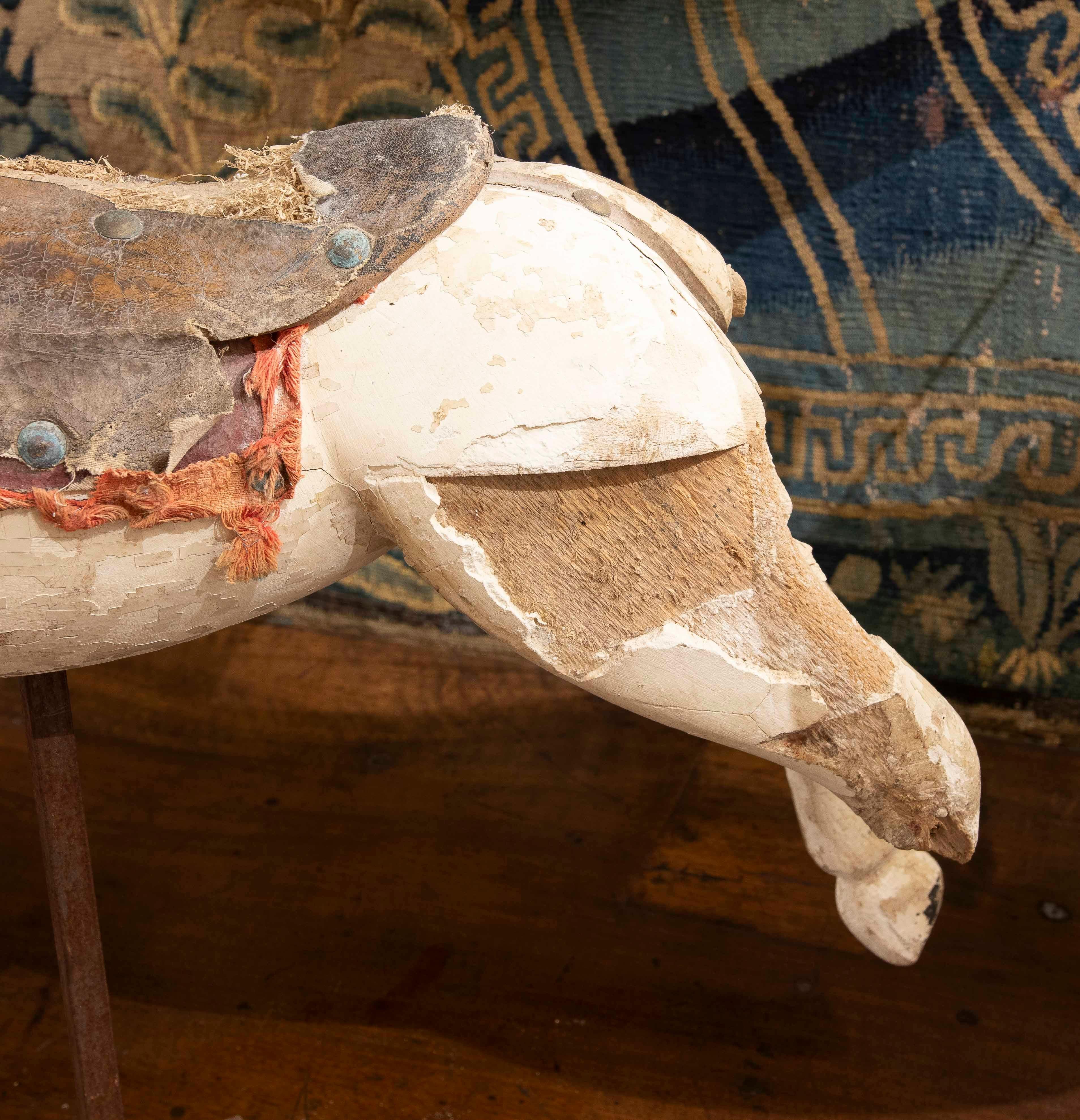 Leather 1850s Antique Wooden Rocking Horse for Children with Original Patina For Sale