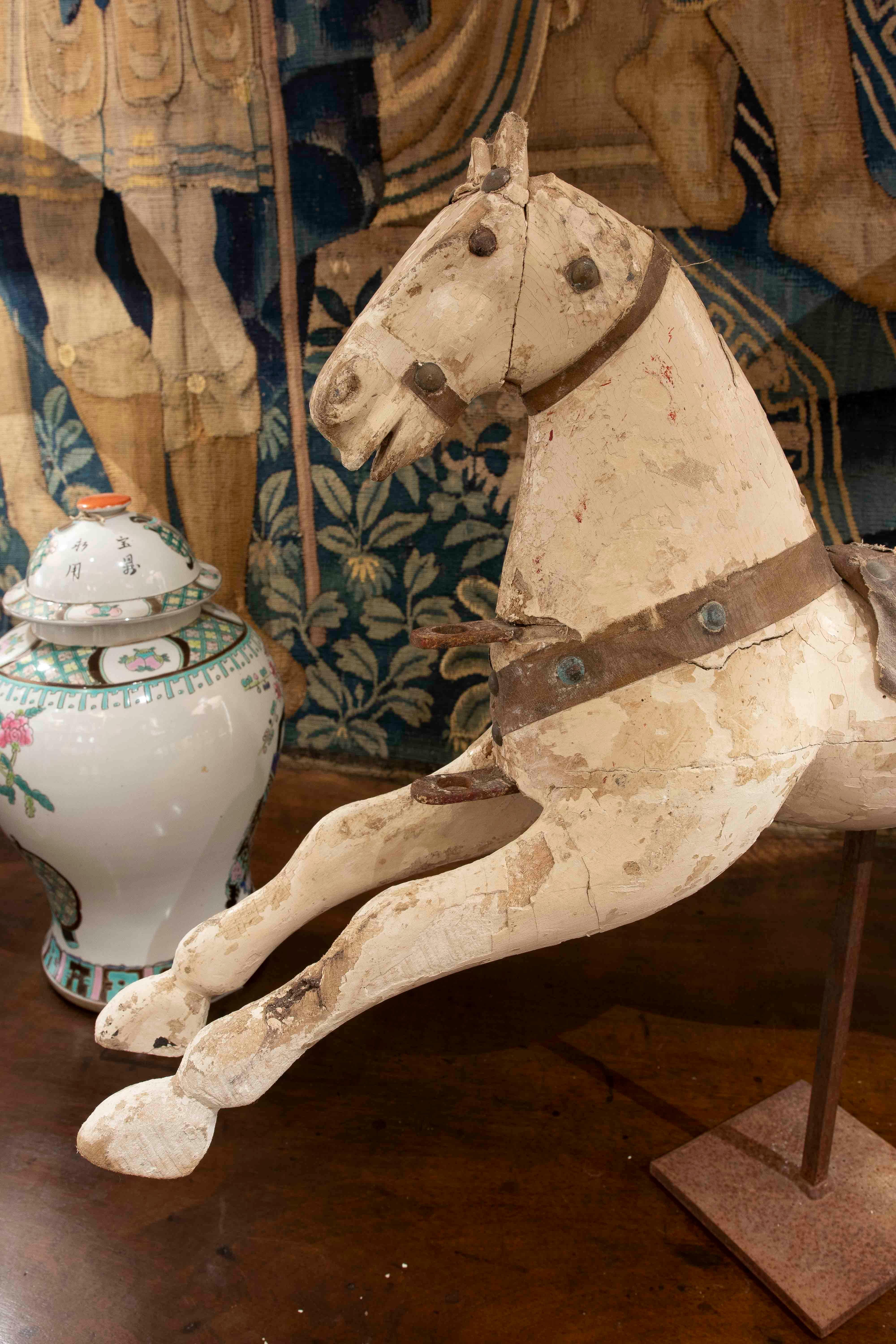 1850s Antique Wooden Rocking Horse for Children with Original Patina For Sale 2