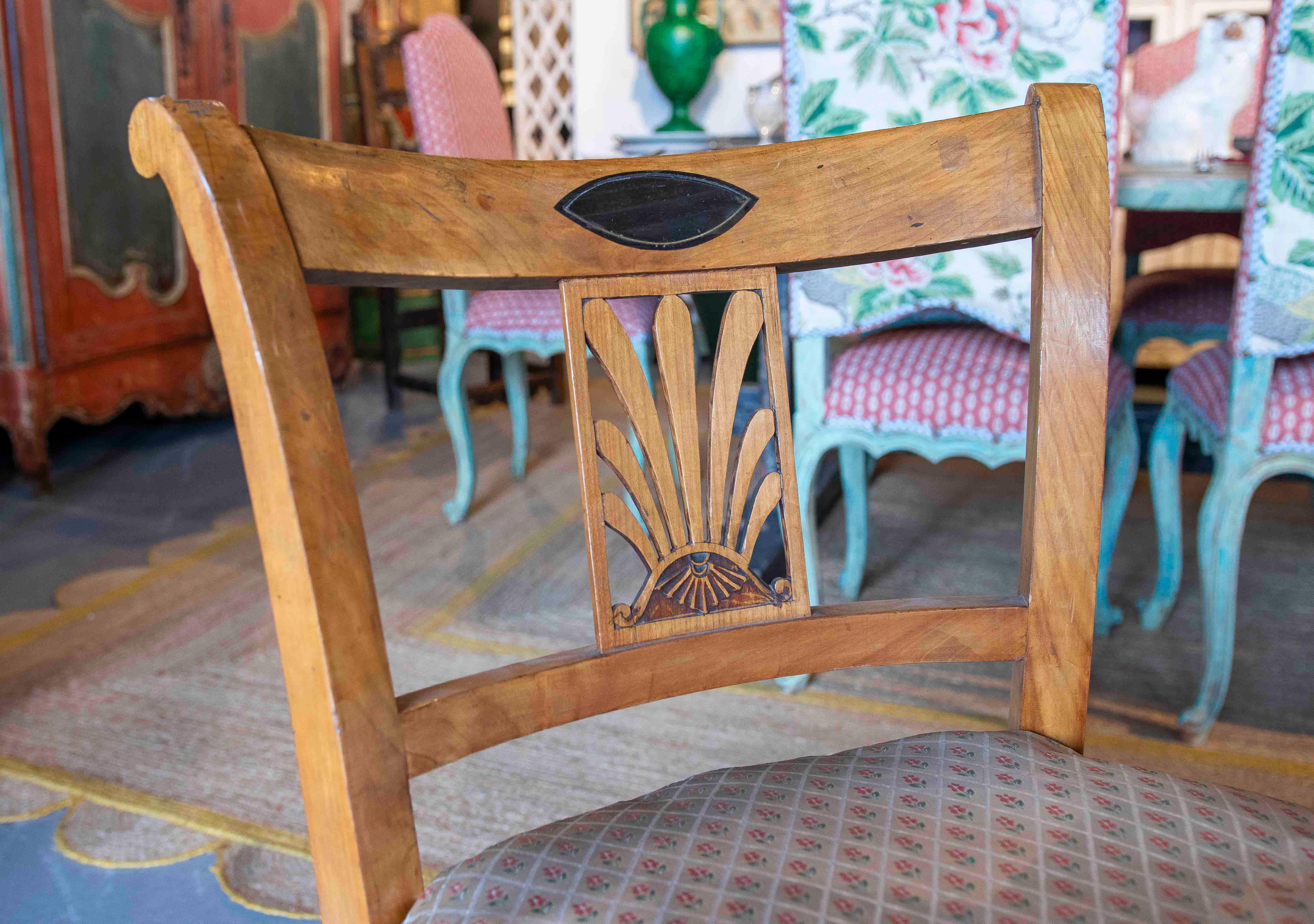1850s Biedermeier Wooden Bench with Backrest and Upholstered Cushion 7