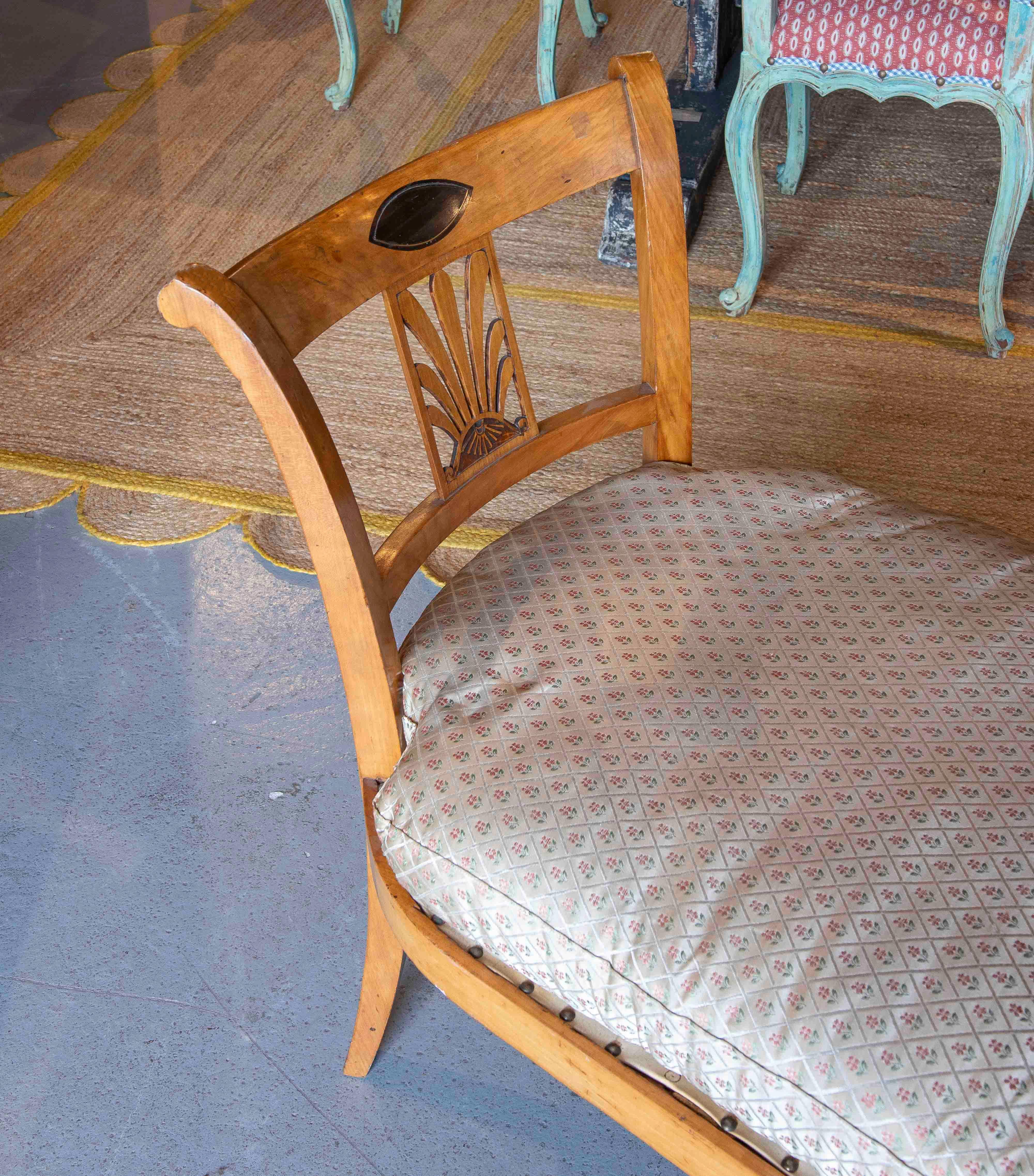German 1850s Biedermeier Wooden Bench with Backrest and Upholstered Cushion